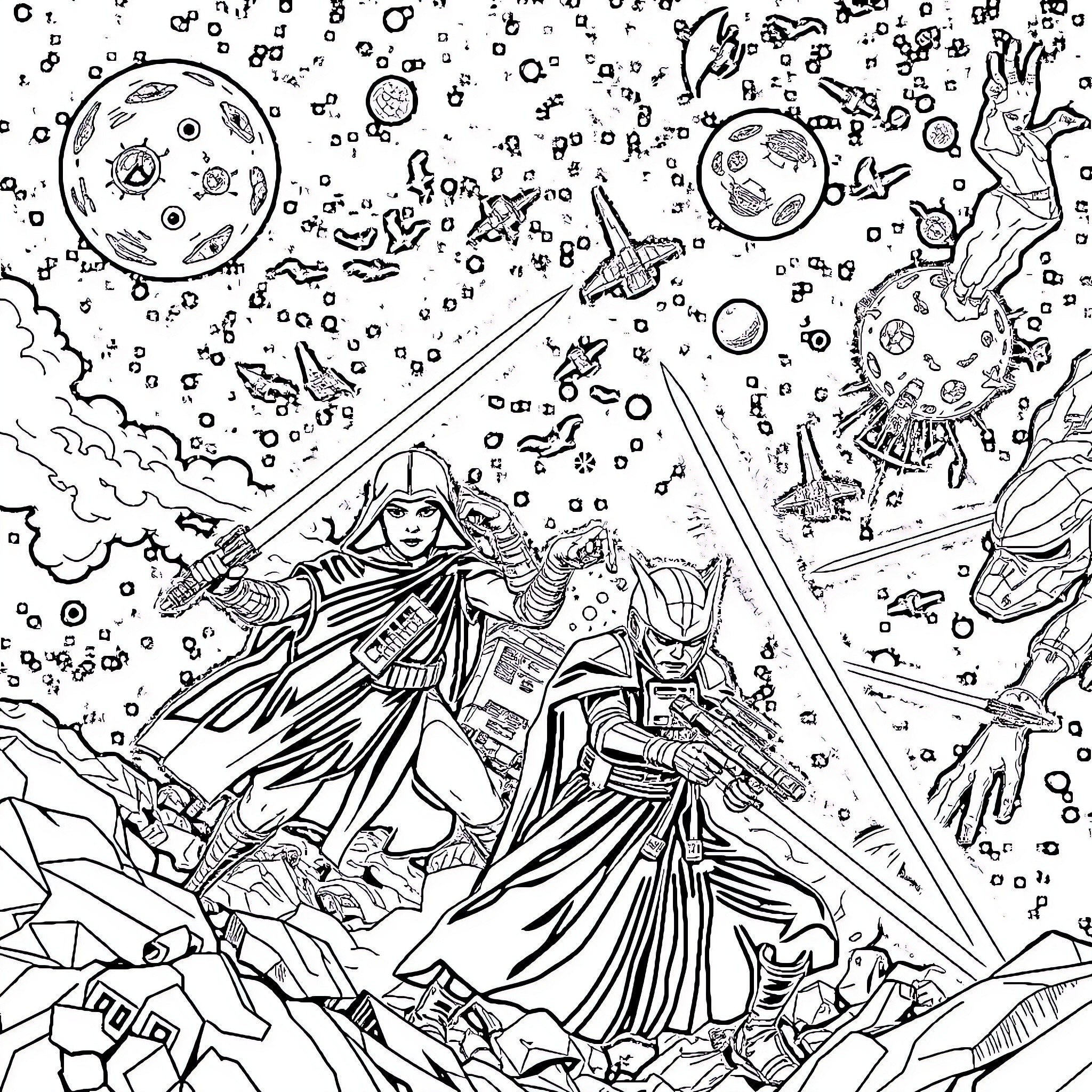 Star Wars battle in the cosmos with mystical elements Coloring Page (free black-and-white line drawing printable PDF for all, from beginners to advanced learners, including children, teens, adults, and seniors)