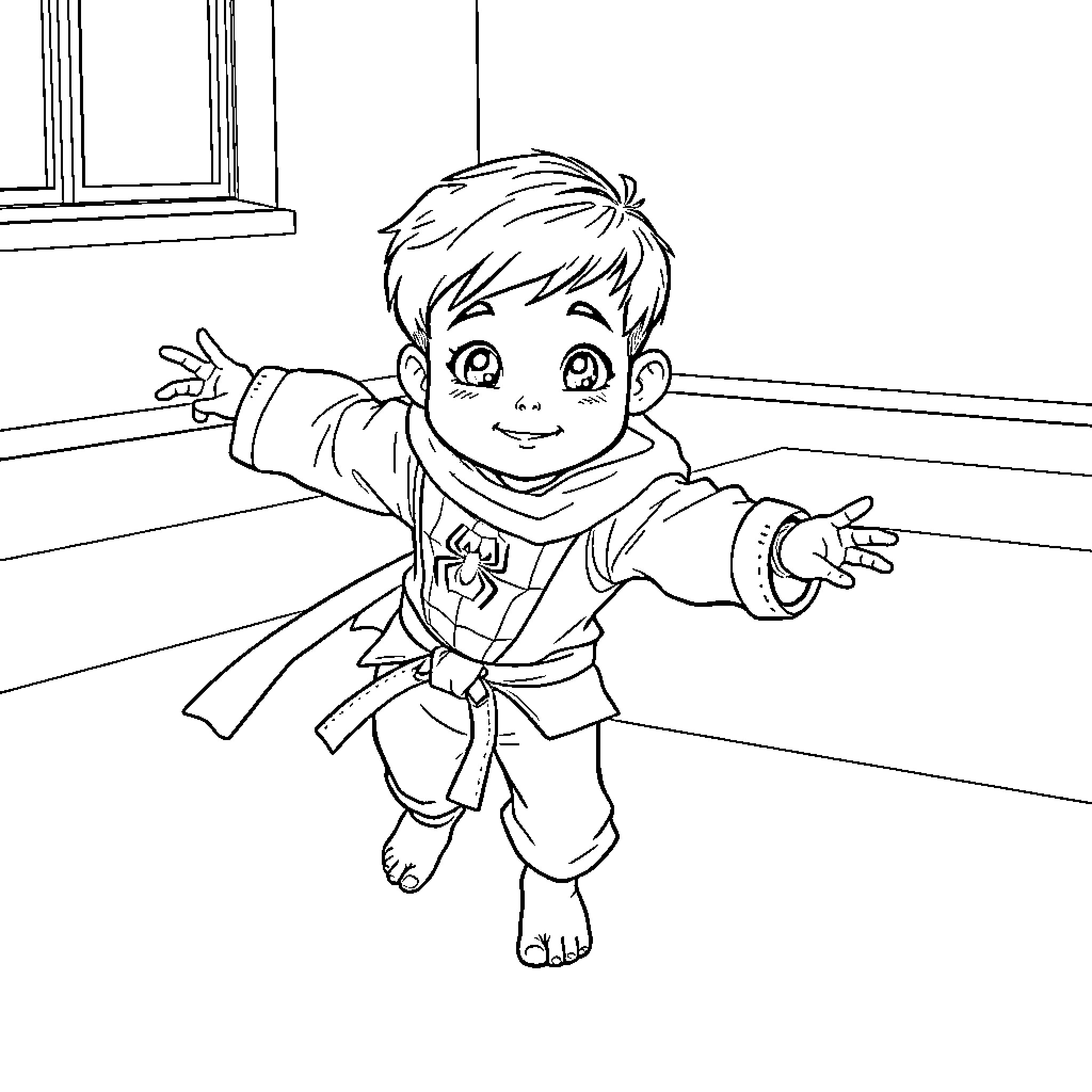 Boy Playfully Jumping in Karate Outfit Coloring Page (free black-and-white line drawing printable PDF for all, from beginners to advanced learners, including children, teens, adults, and seniors)