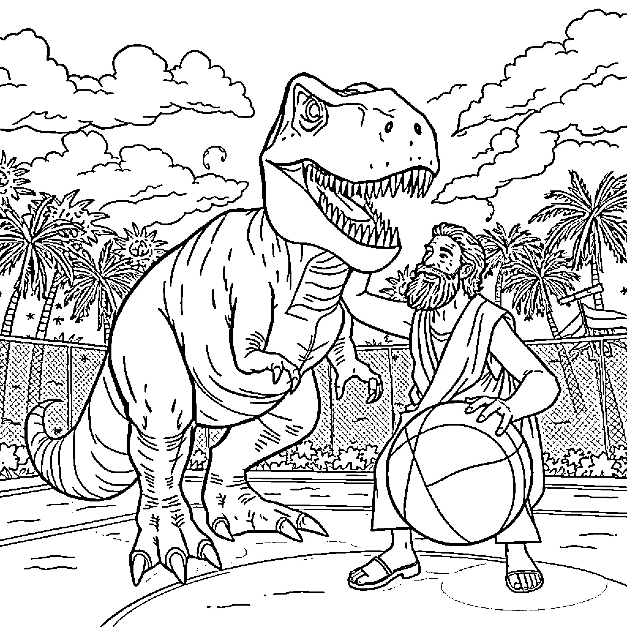 T-Rex Surprises Visitors at Tropical Park Coloring Page (free black-and-white line drawing printable PDF for all, from beginners to advanced learners, including children, teens, adults, and seniors)