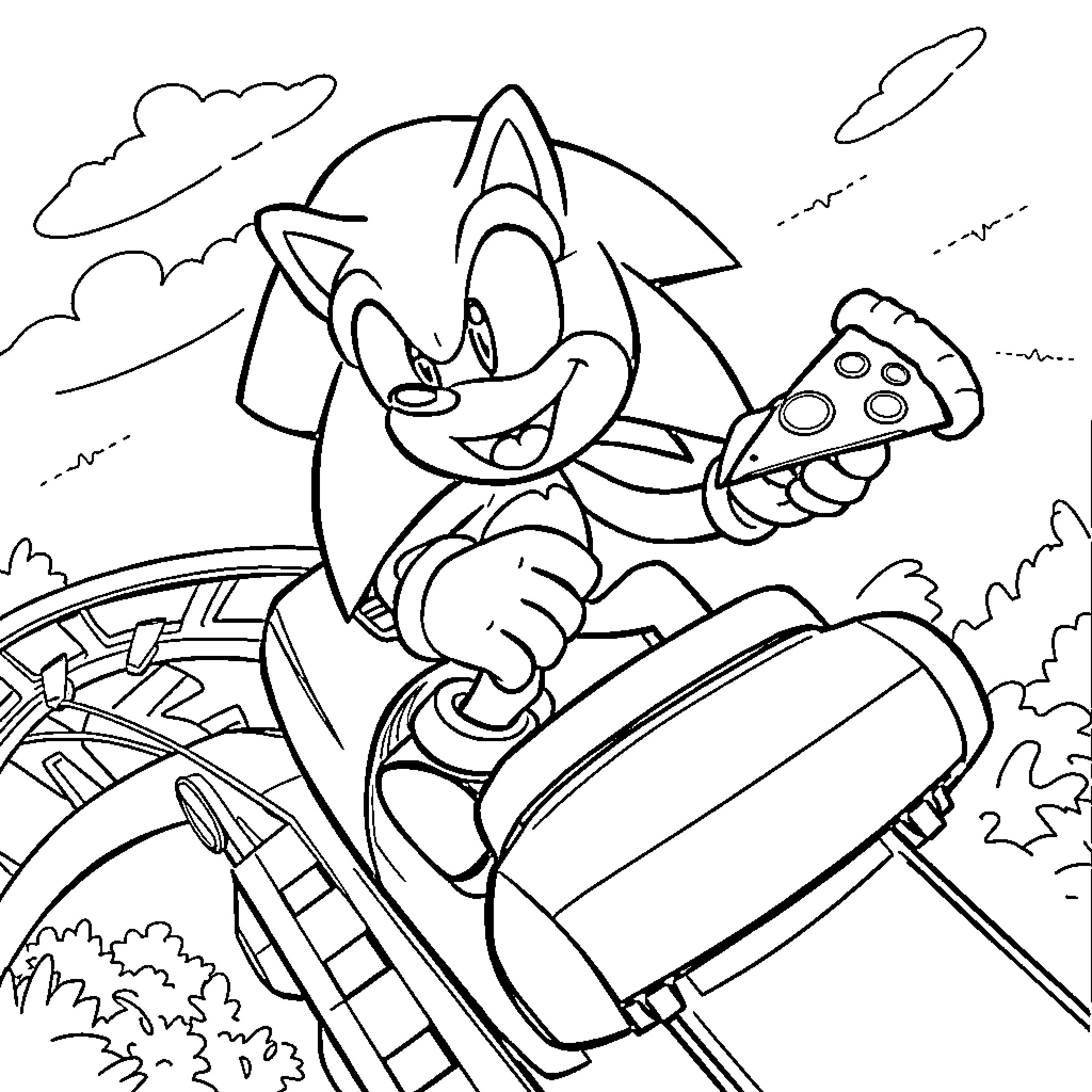 Sonic enjoying a roller coaster ride with pizza Coloring Page (free black-and-white line drawing printable PDF for all, from beginners to advanced learners, including children, teens, adults, and seniors)