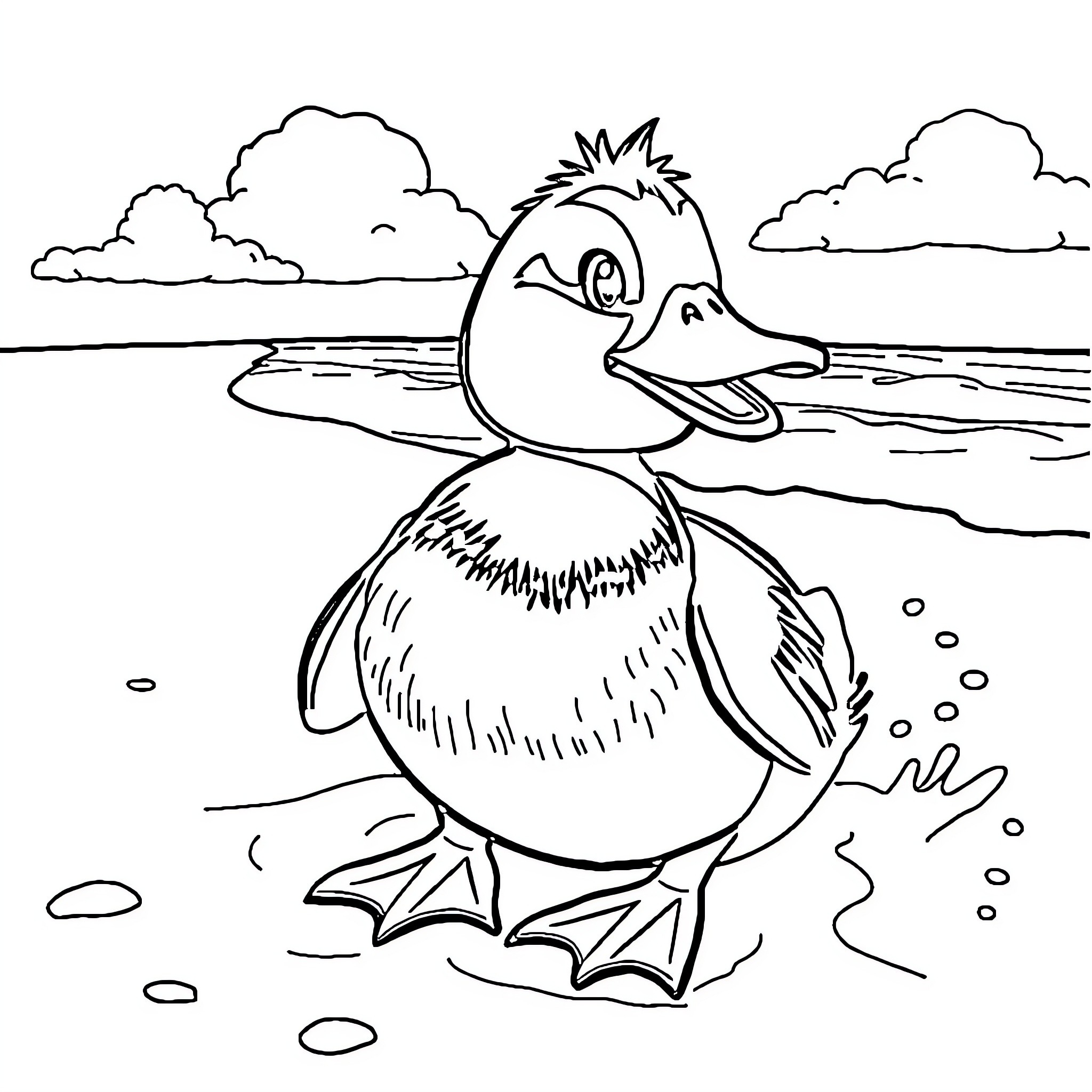 Psyduck waddling through a scenic pond Coloring Page (free black-and-white line drawing printable PDF for all, from beginners to advanced learners, including children, teens, adults, and seniors)