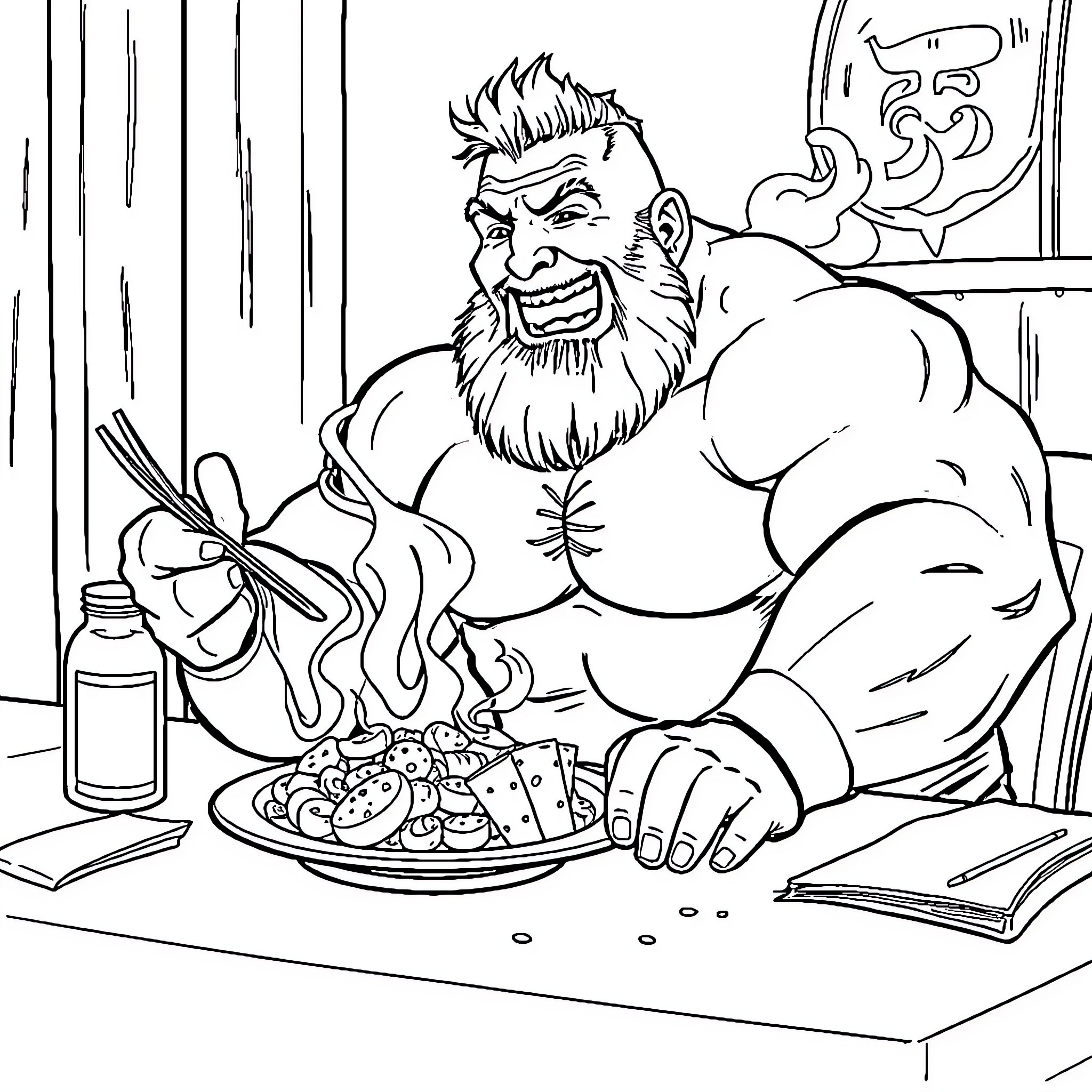 Wrestler enjoying a hearty meal Coloring Page (free black-and-white line drawing printable PDF for all, from beginners to advanced learners, including children, teens, adults, and seniors)