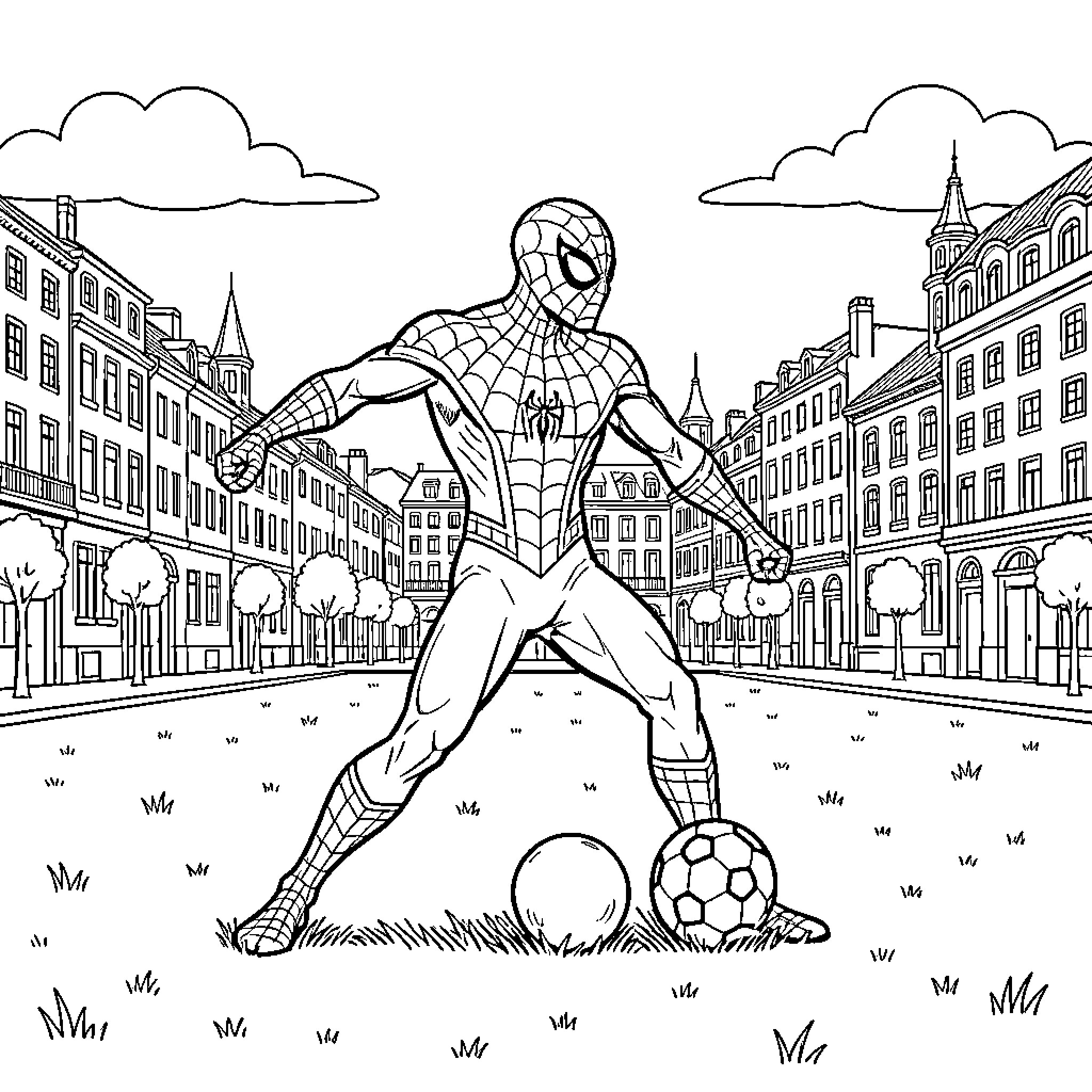 Spiderman playing soccer in a city park Coloring Page (free black-and-white line drawing printable PDF for all, from beginners to advanced learners, including children, teens, adults, and seniors)