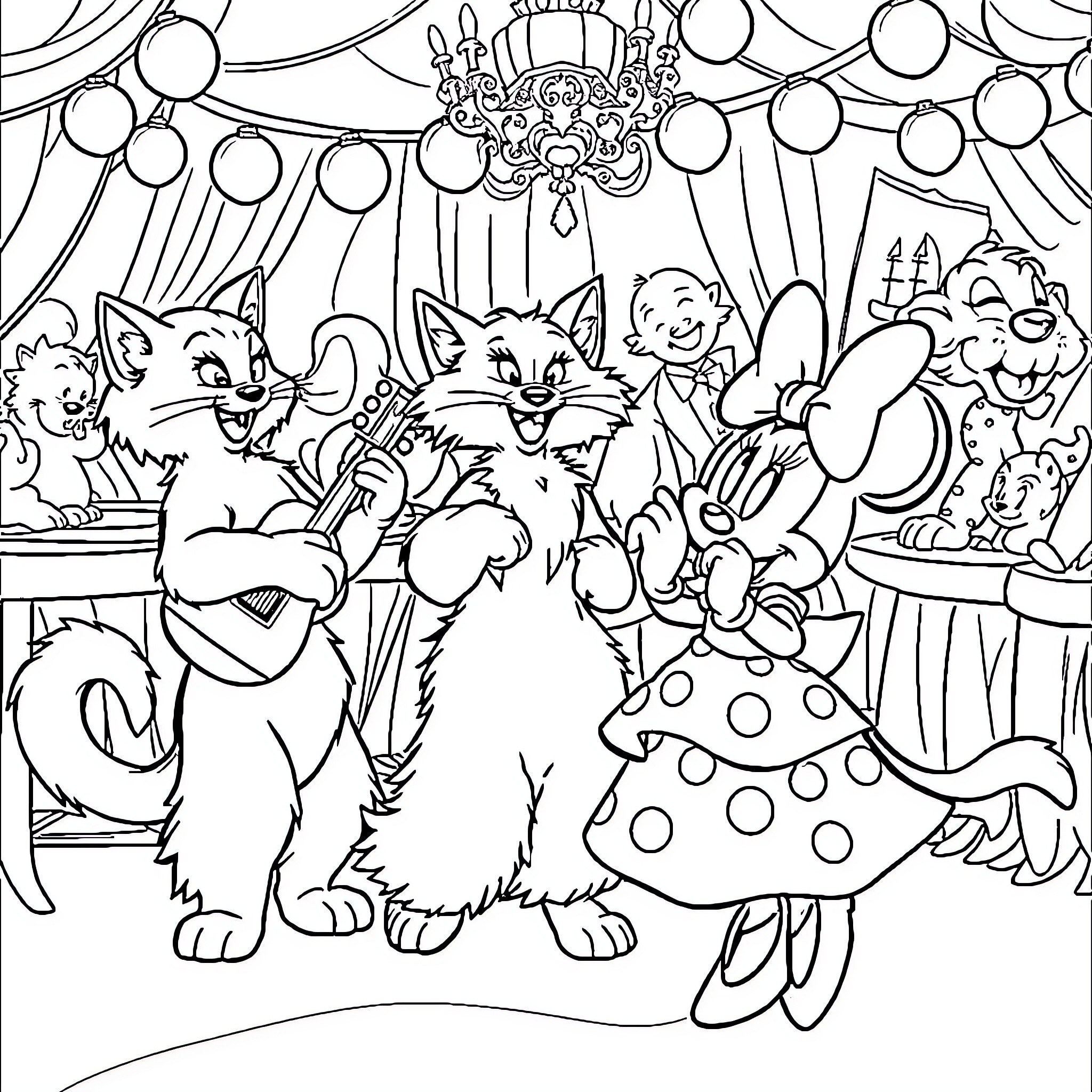 Aristocats Enjoying a Lively Celebration Coloring Page (free black-and-white line drawing printable PDF for all, from beginners to advanced learners, including children, teens, adults, and seniors)