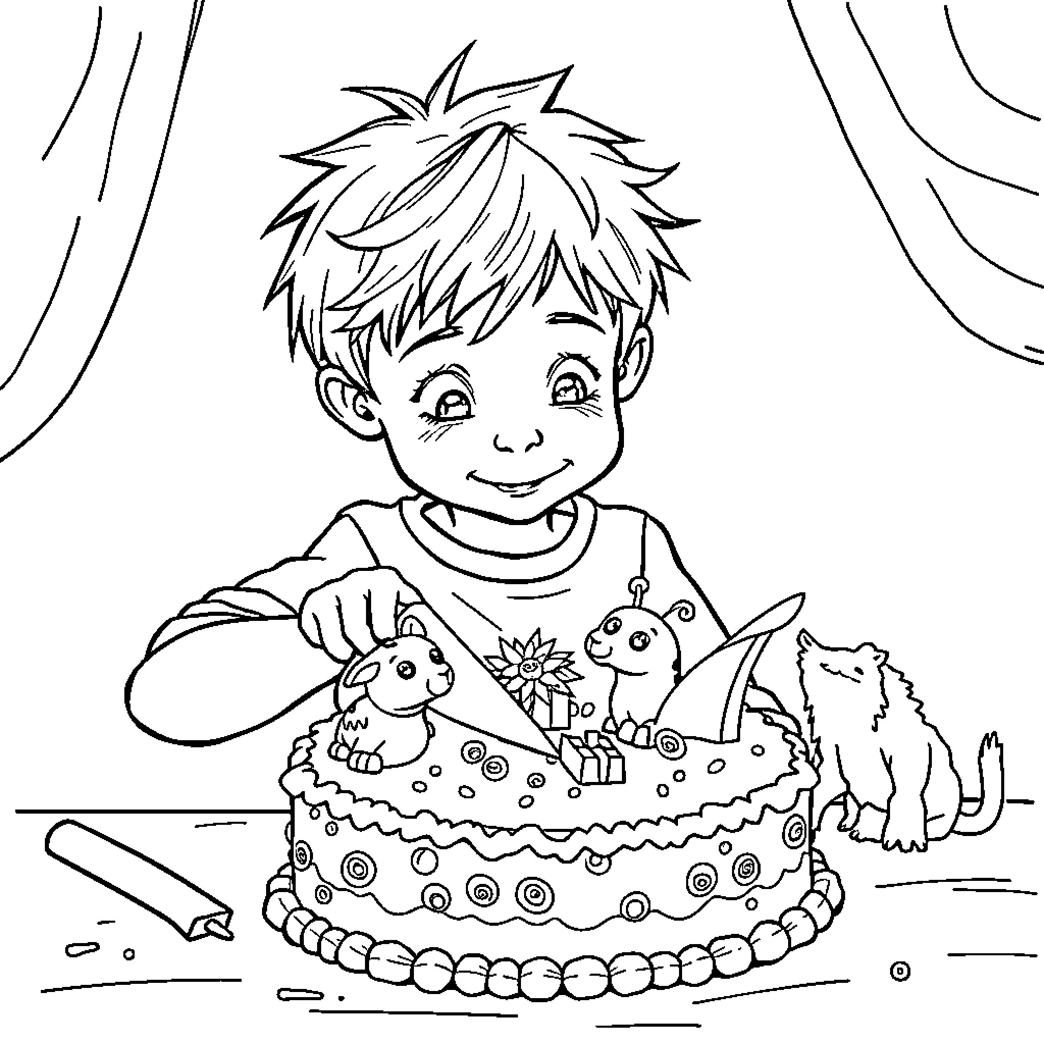 Boy decorating a birthday cake with toys Coloring Page (free black-and-white line drawing printable PDF for all, from beginners to advanced learners, including children, teens, adults, and seniors)