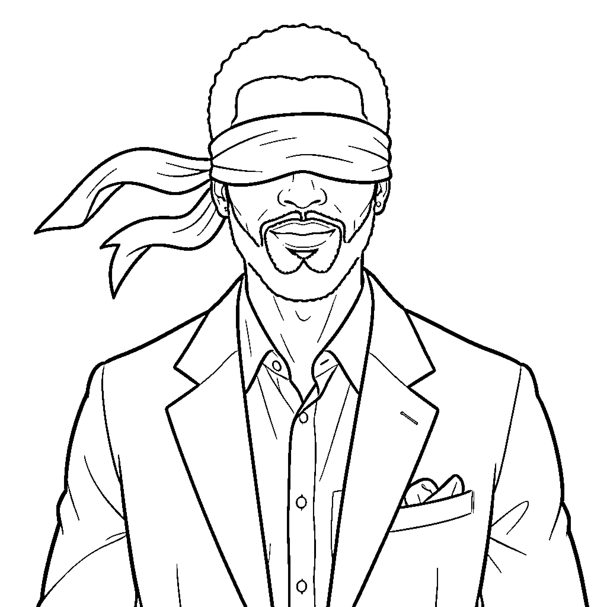 Gojo wearing a blindfold and a stylish suit Coloring Page (free black-and-white line drawing printable PDF for all, from beginners to advanced learners, including children, teens, adults, and seniors)