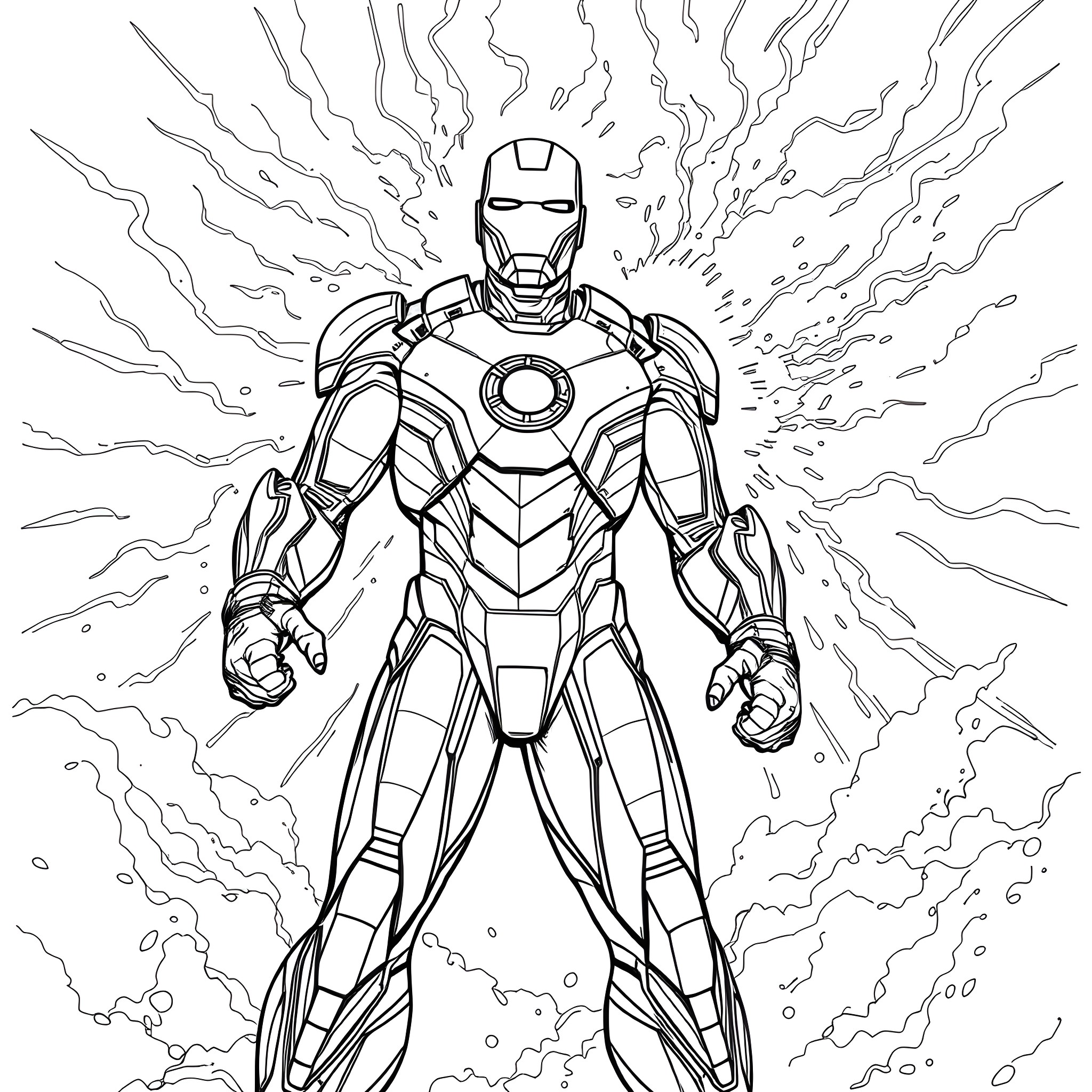 Iron Man in a powerful action pose Coloring Page (free black-and-white line drawing printable PDF for all, from beginners to advanced learners, including children, teens, adults, and seniors)