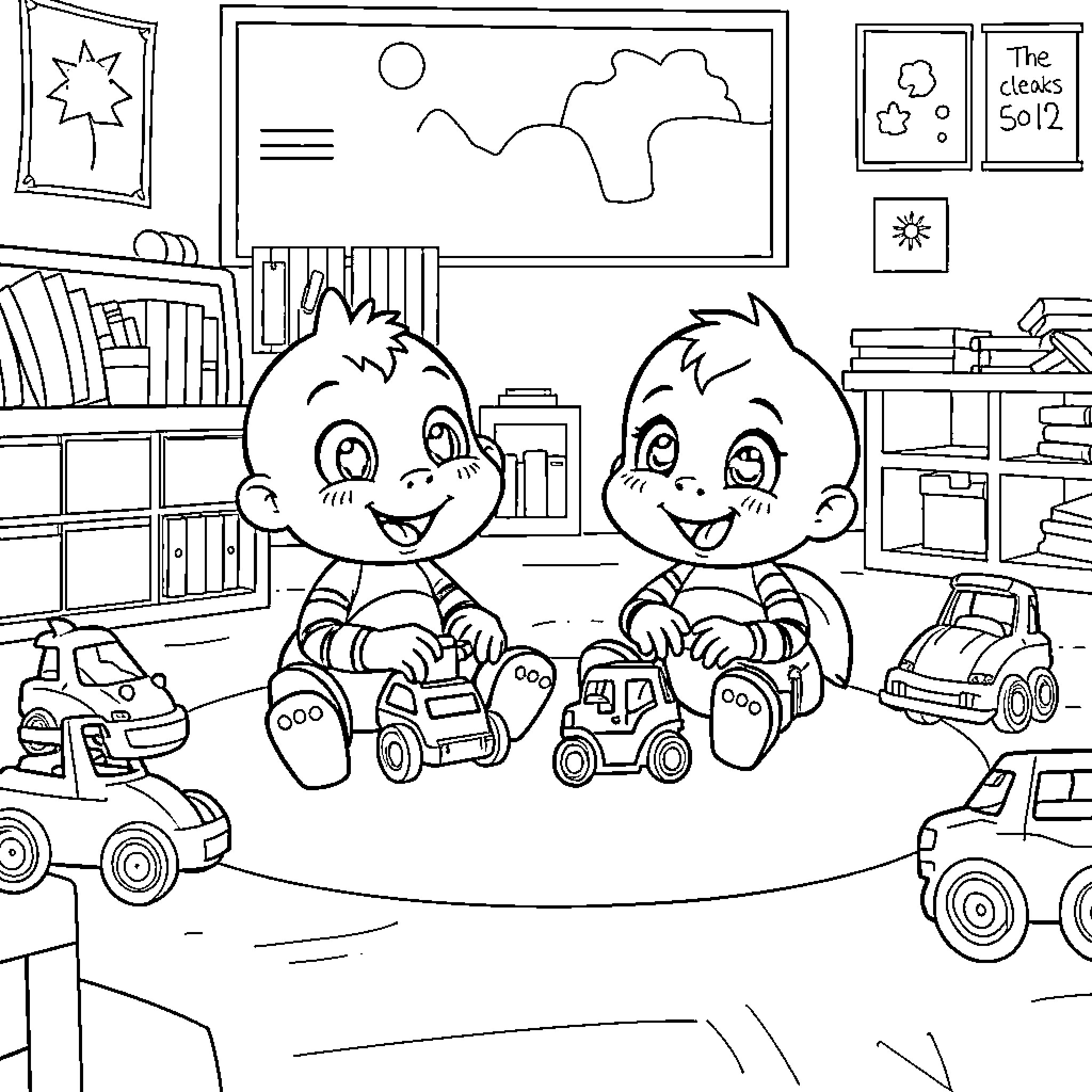 Groku Playing with Toy Trucks in the Playroom Coloring Page (free black-and-white line drawing printable PDF for all, from beginners to advanced learners, including children, teens, adults, and seniors)