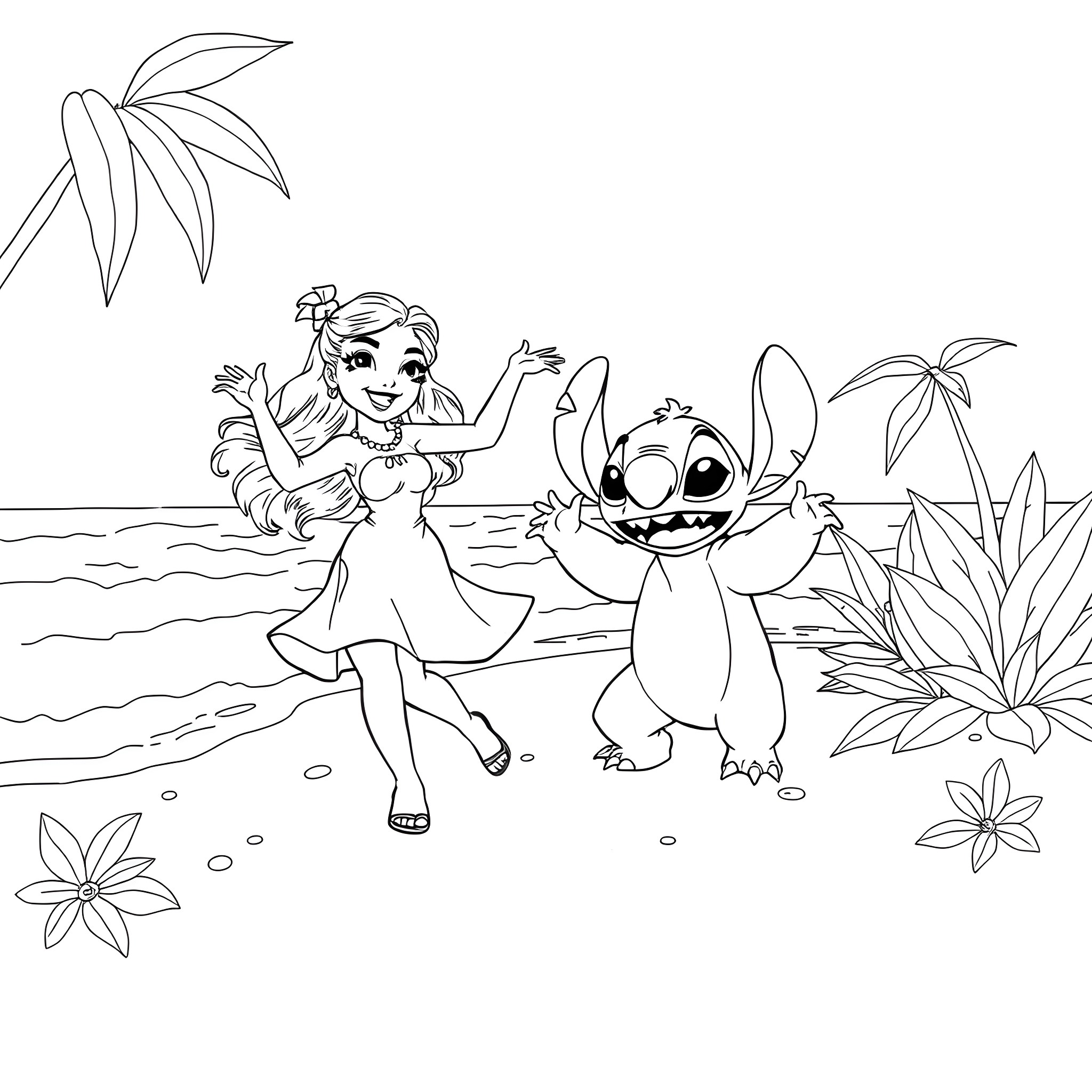 Lilo and Stitch playing joyfully on the beach Coloring Page (free black-and-white line drawing printable PDF for all, from beginners to advanced learners, including children, teens, adults, and seniors)