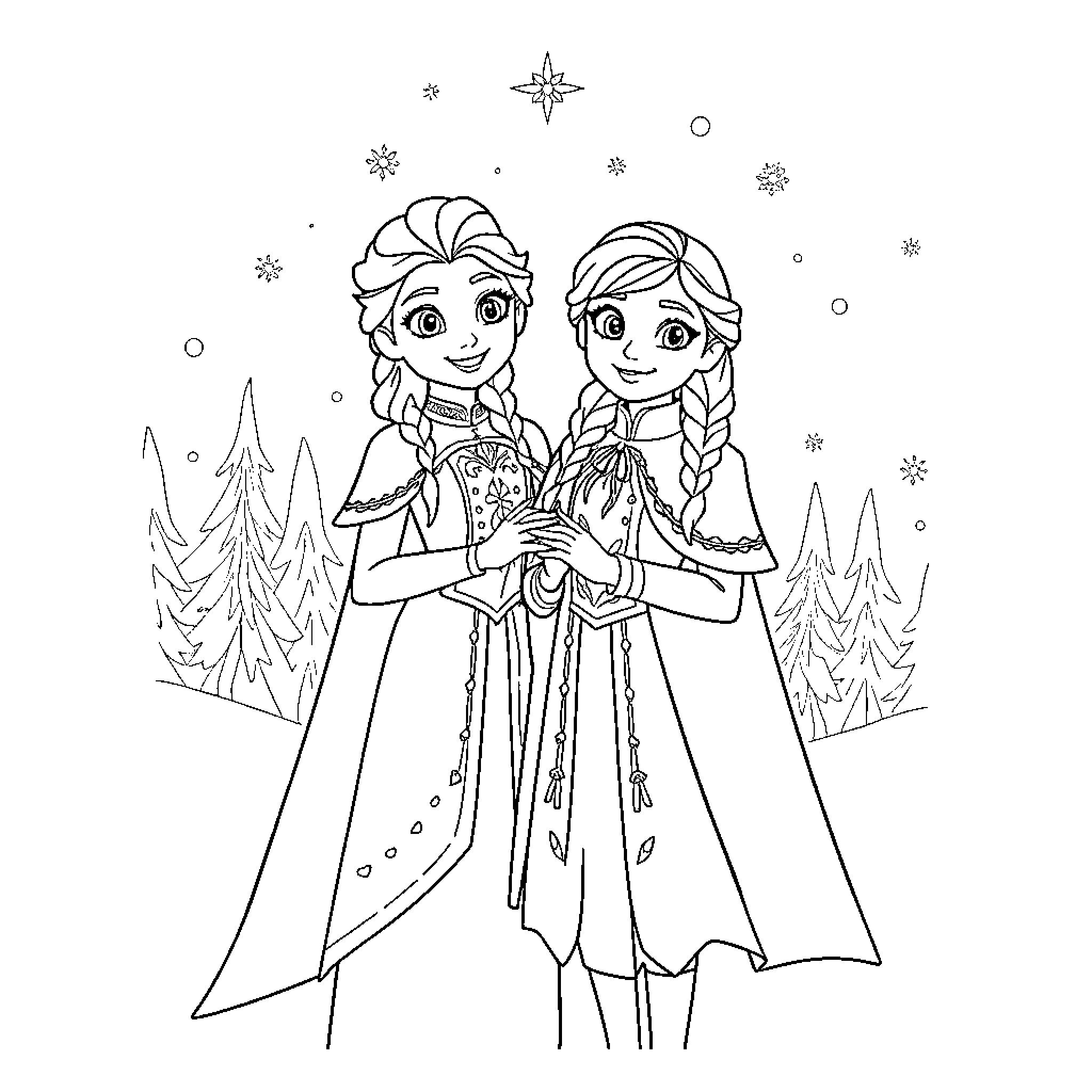Elsa and Anna embracing in winter wonderland Coloring Page (free black-and-white line drawing printable PDF for all, from beginners to advanced learners, including children, teens, adults, and seniors)