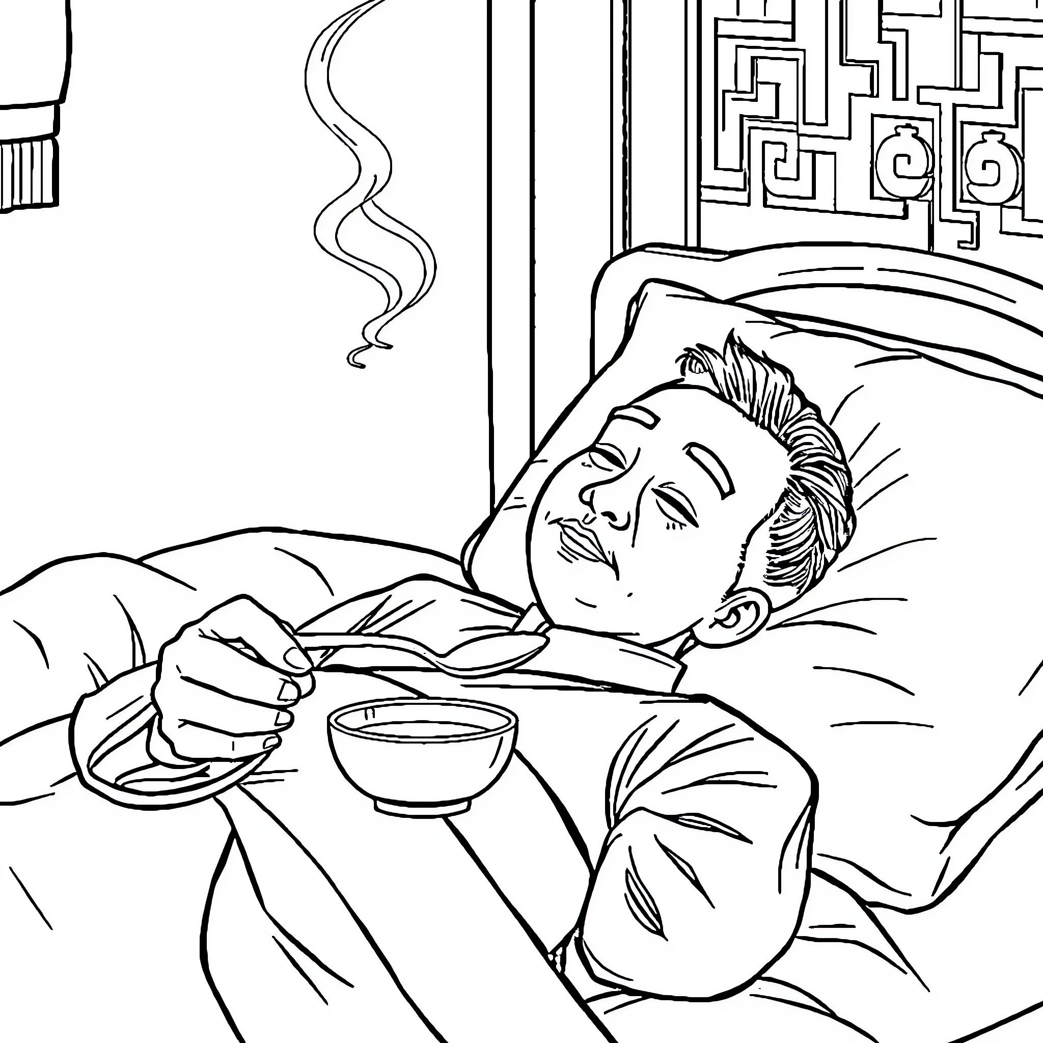 Man relaxing and drinking coffee in his room Coloring Page (free black-and-white line drawing printable PDF for all, from beginners to advanced learners, including children, teens, adults, and seniors)