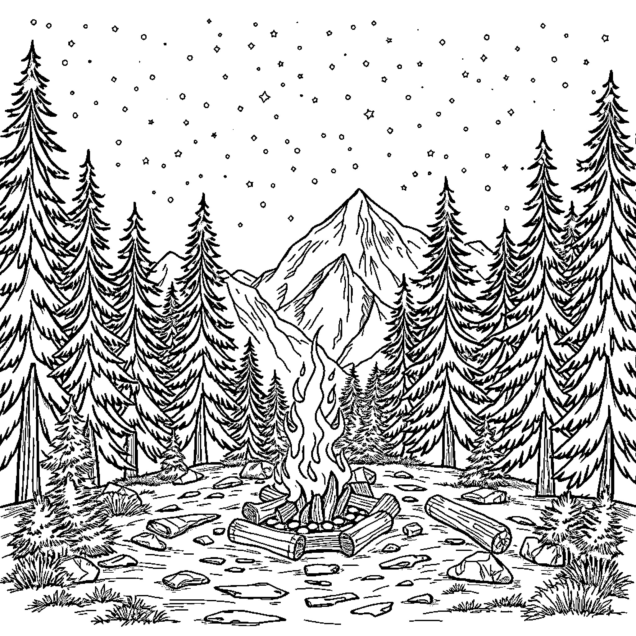 Campsite in the snowy mountain forest Coloring Page (free black-and-white line drawing printable PDF for all, from beginners to advanced learners, including children, teens, adults, and seniors)