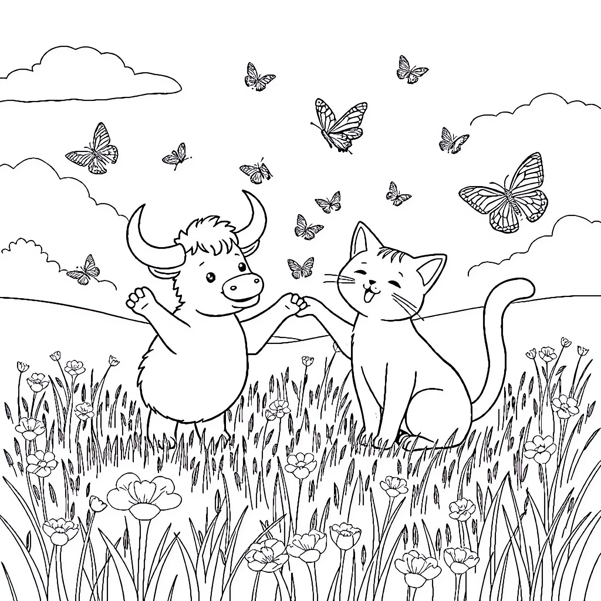 Unicorn and Cat Frolicking Amid Butterflies Coloring Page (free black-and-white line drawing printable PDF for all, from beginners to advanced learners, including children, teens, adults, and seniors)