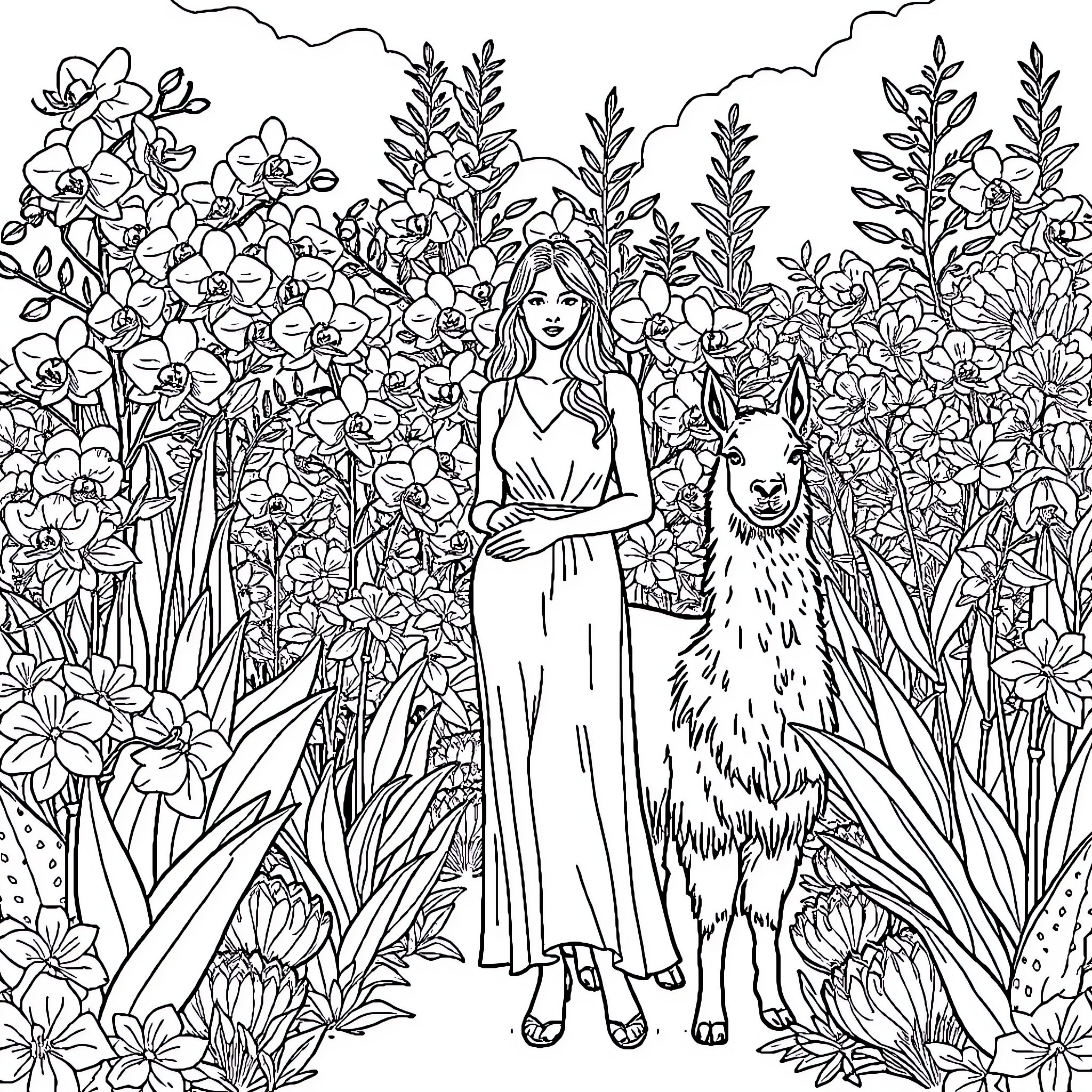 Lady in Enchanted Garden with Companions Coloring Page (free black-and-white line drawing printable PDF for all, from beginners to advanced learners, including children, teens, adults, and seniors)