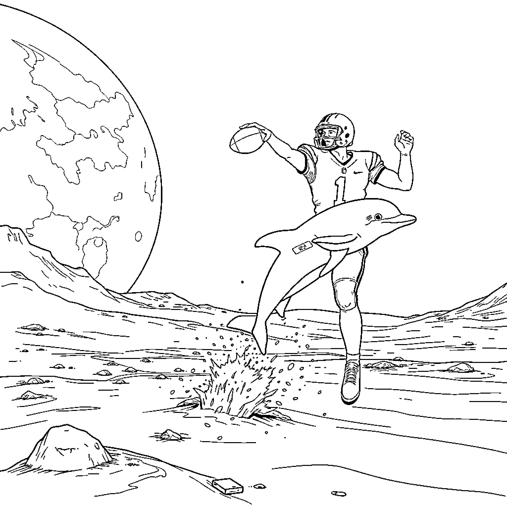 Football Player Celebrating Touchdown on Alien Planet Coloring Page (free black-and-white line drawing printable PDF for all, from beginners to advanced learners, including children, teens, adults, and seniors)