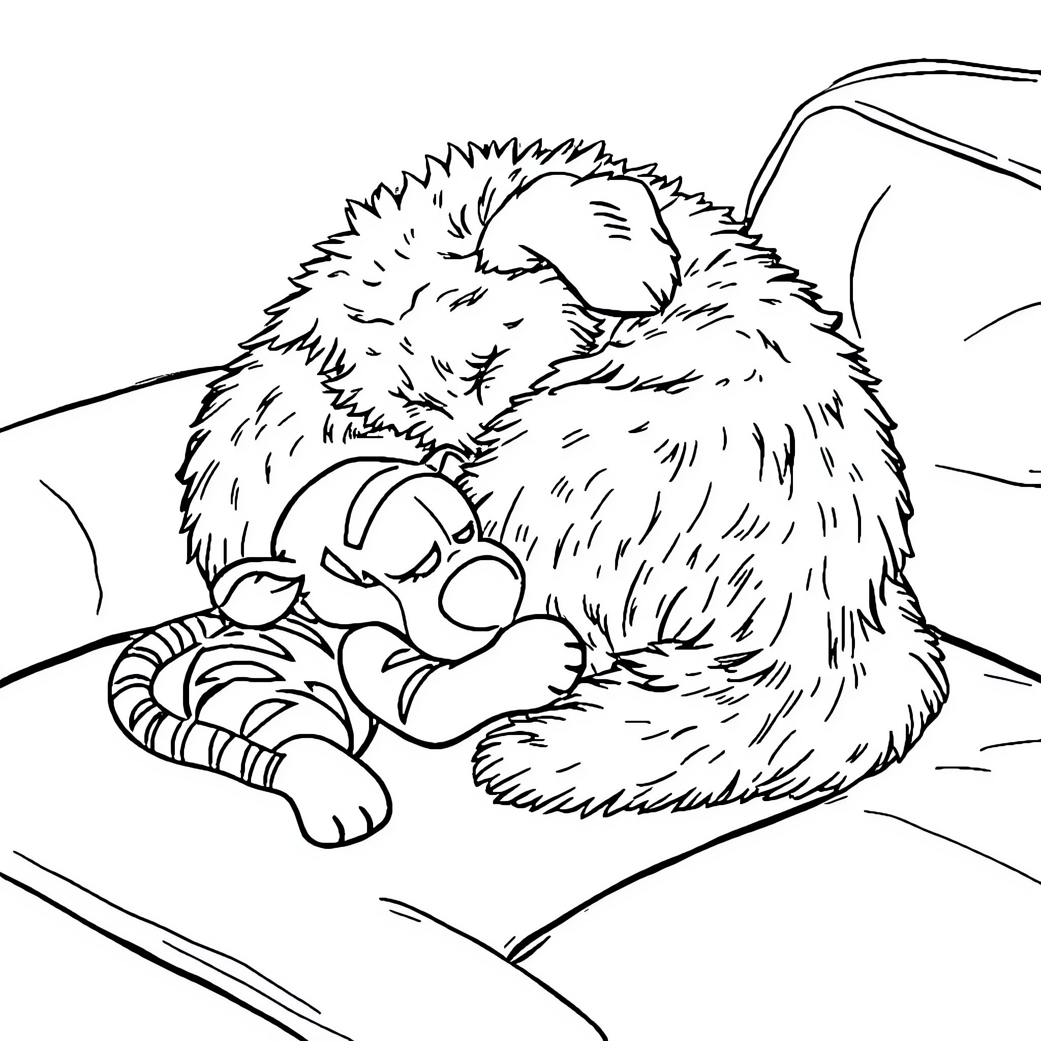 Dog sleeping peacefully on the couch Coloring Page (free black-and-white line drawing printable PDF for all, from beginners to advanced learners, including children, teens, adults, and seniors)