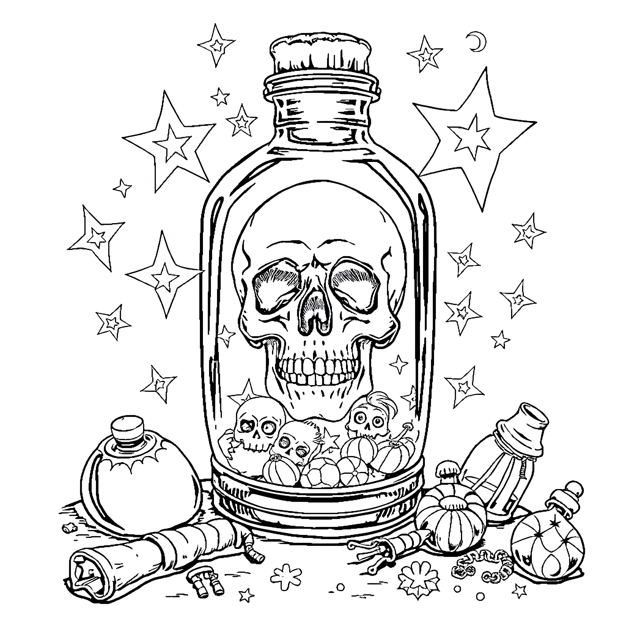 Skull Potion Bottle with Spooky Accessories Coloring Page (free black-and-white line drawing printable PDF for all, from beginners to advanced learners, including children, teens, adults, and seniors)