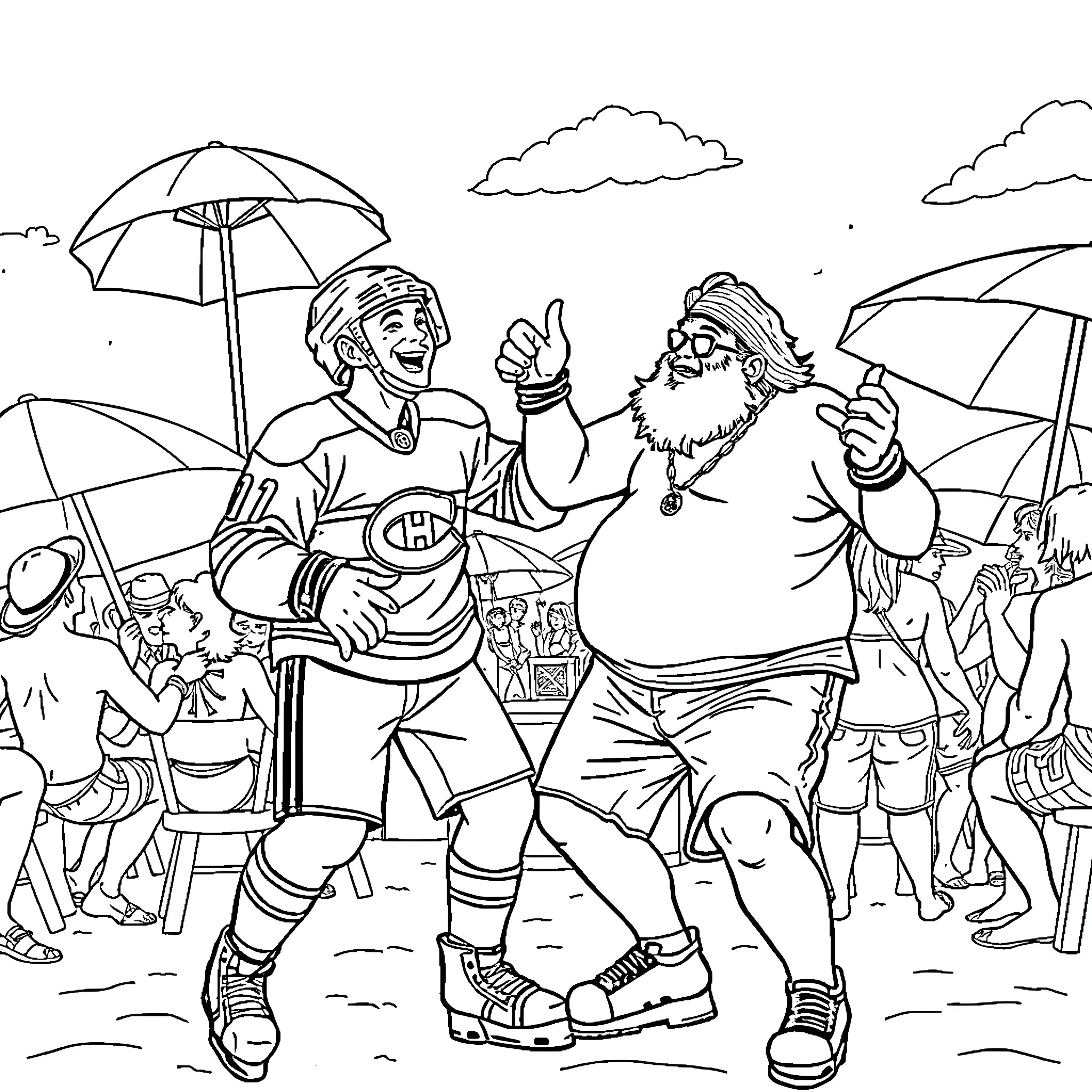 Hockey Players Enjoying the Outdoors Coloring Page (free black-and-white line drawing printable PDF for all, from beginners to advanced learners, including children, teens, adults, and seniors)