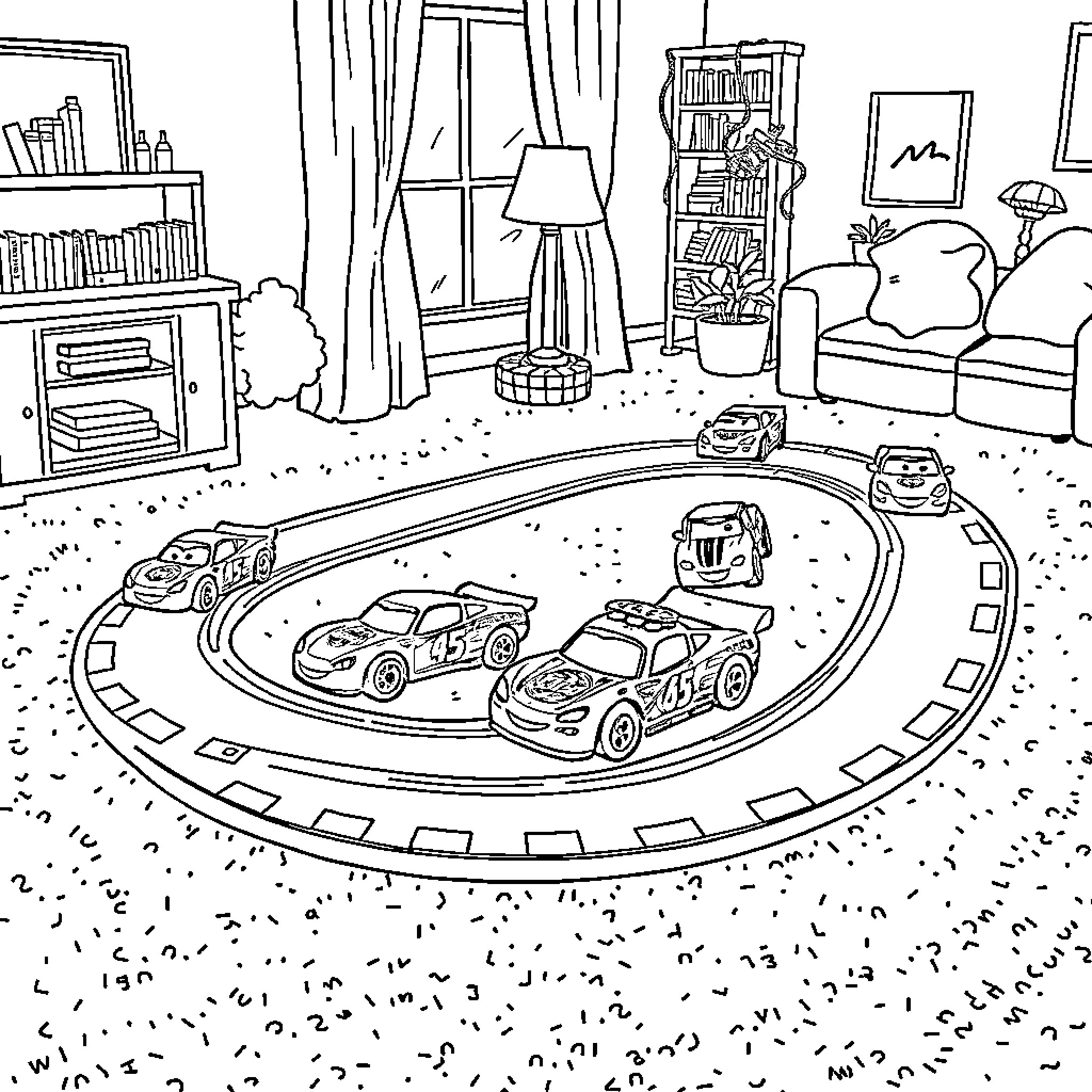 Matchbox Cars racing in cozy living room Coloring Page (free black-and-white line drawing printable PDF for all, from beginners to advanced learners, including children, teens, adults, and seniors)