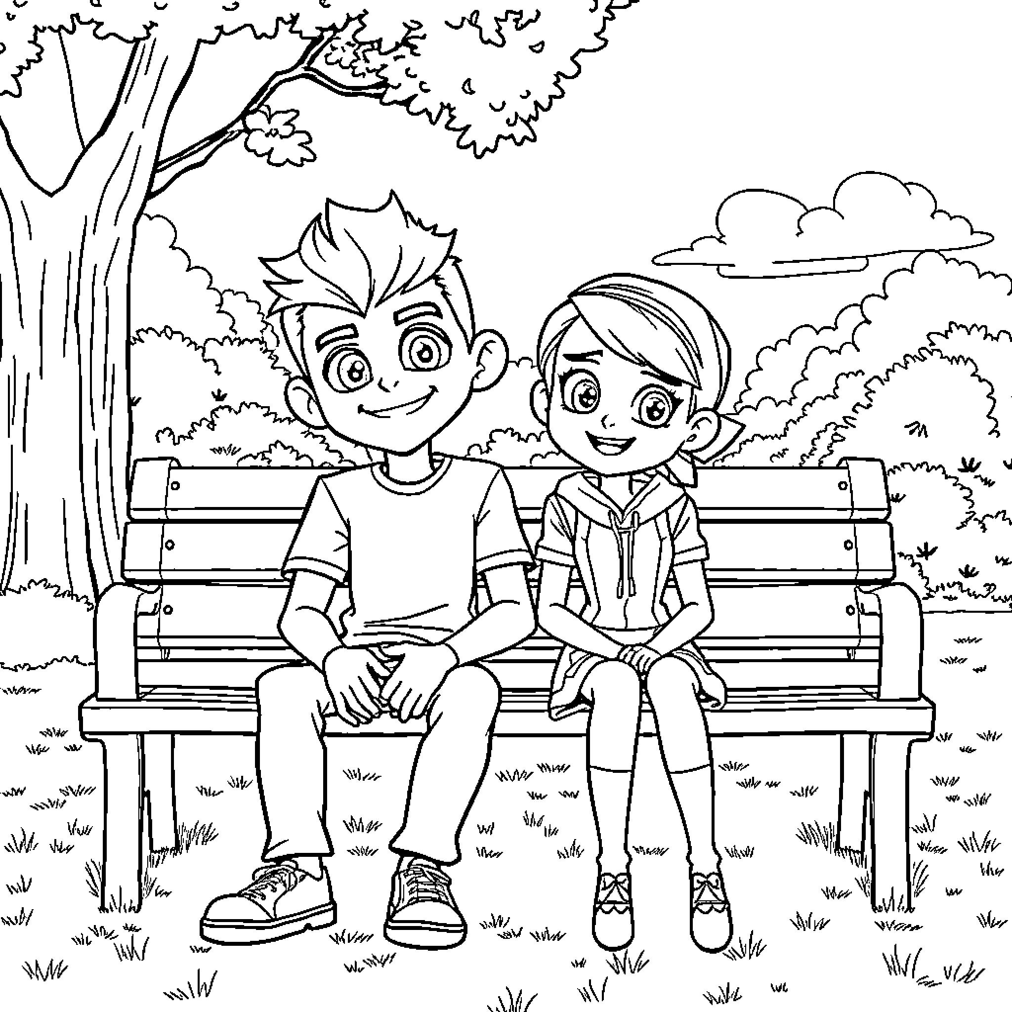 Ben 10 characters enjoying a park bench Coloring Page (free black-and-white line drawing printable PDF for all, from beginners to advanced learners, including children, teens, adults, and seniors)
