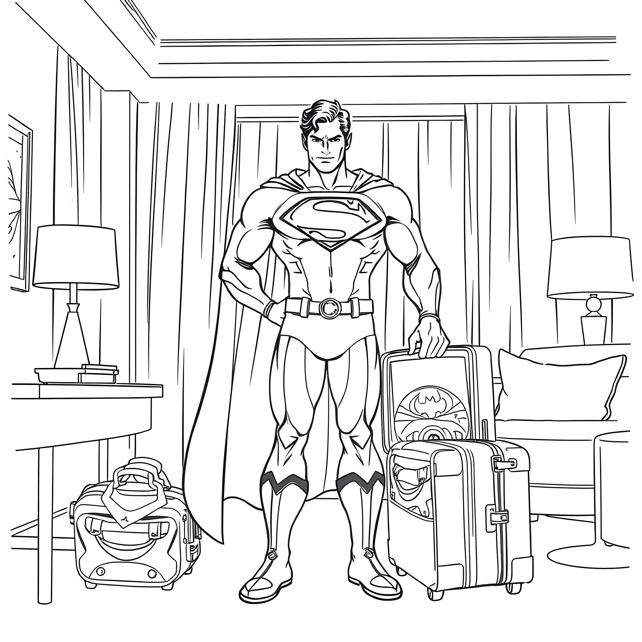 Superman standing heroically in a hotel room Coloring Page (free black-and-white line drawing printable PDF for all, from beginners to advanced learners, including children, teens, adults, and seniors)