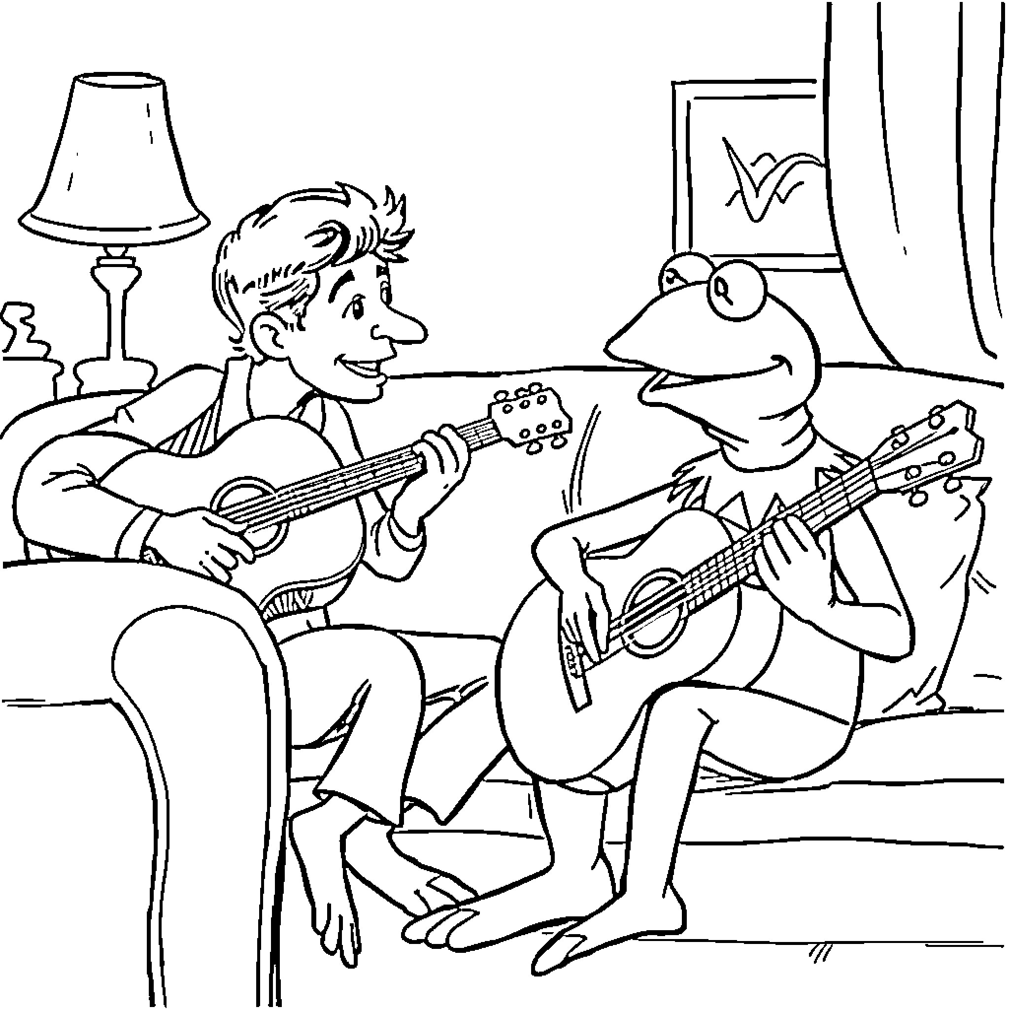 Kermit and friend playing guitars in living room Coloring Page (free black-and-white line drawing printable PDF for all, from beginners to advanced learners, including children, teens, adults, and seniors)
