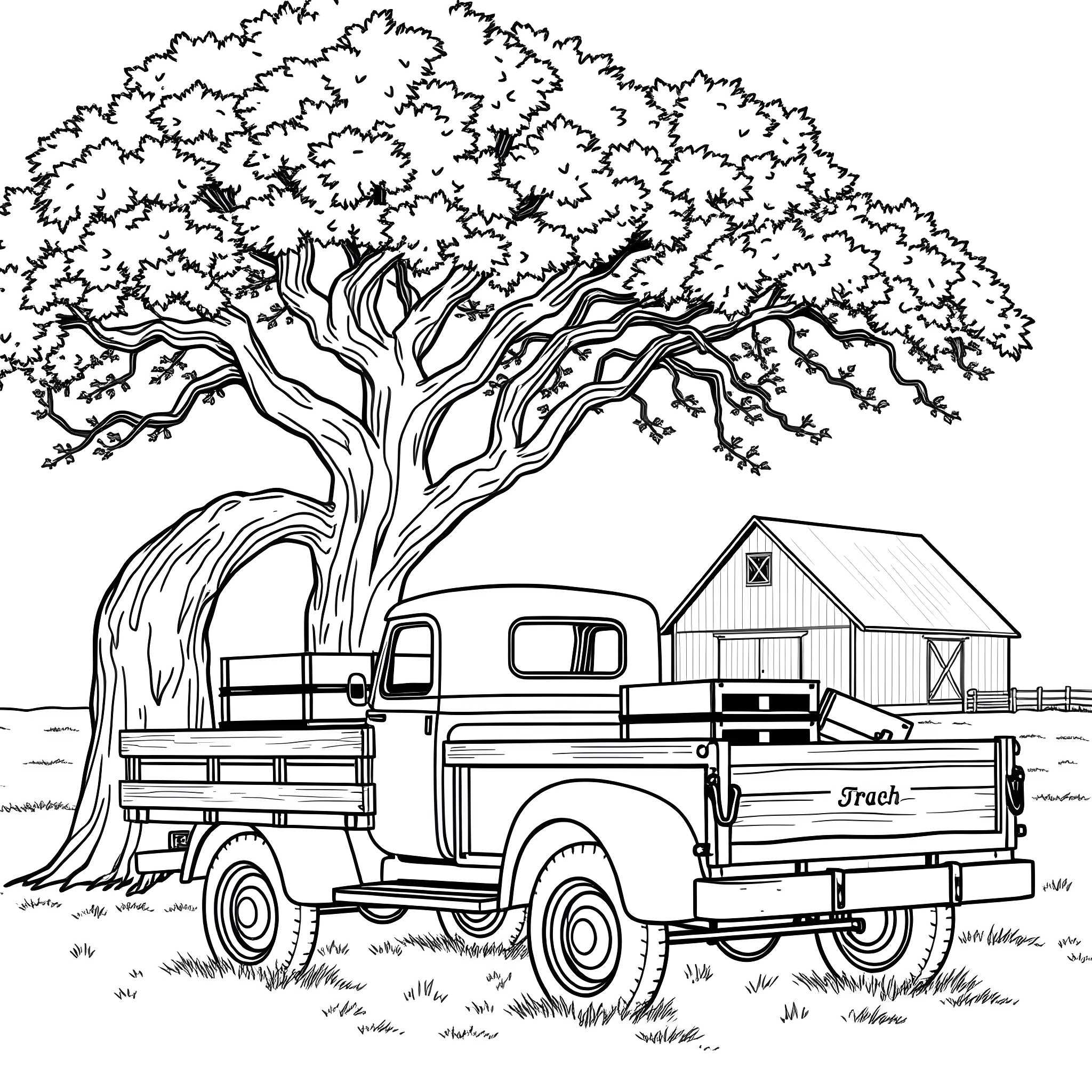 Truck with old-fashioned barn in the countryside Coloring Page (free black-and-white line drawing printable PDF for all, from beginners to advanced learners, including children, teens, adults, and seniors)