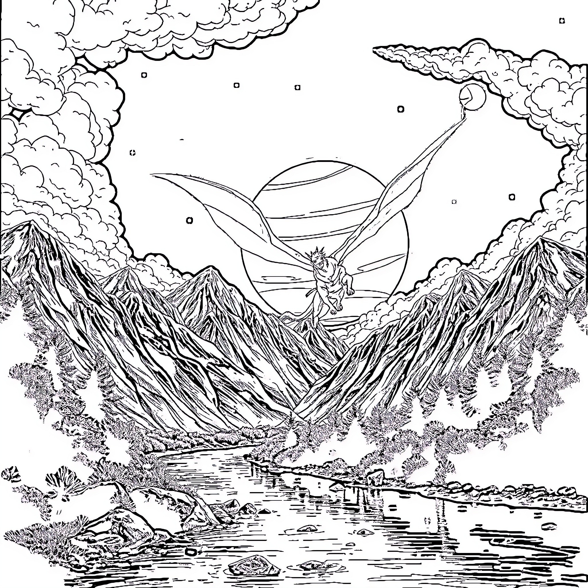 Dragon soaring over a magical mountain landscape Coloring Page (free black-and-white line drawing printable PDF for all, from beginners to advanced learners, including children, teens, adults, and seniors)
