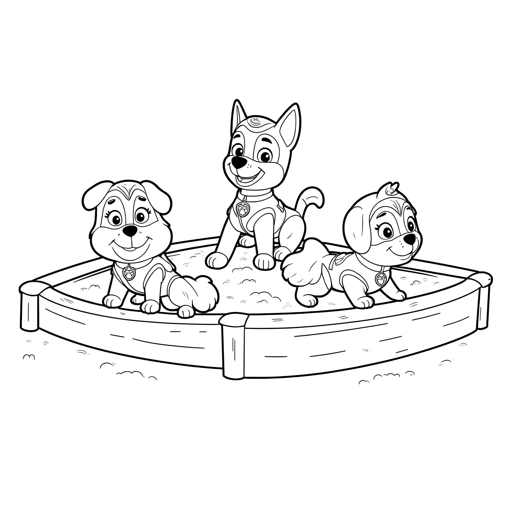 Bluey and friends playing together in sandbox Coloring Page (free black-and-white line drawing printable PDF for all, from beginners to advanced learners, including children, teens, adults, and seniors)