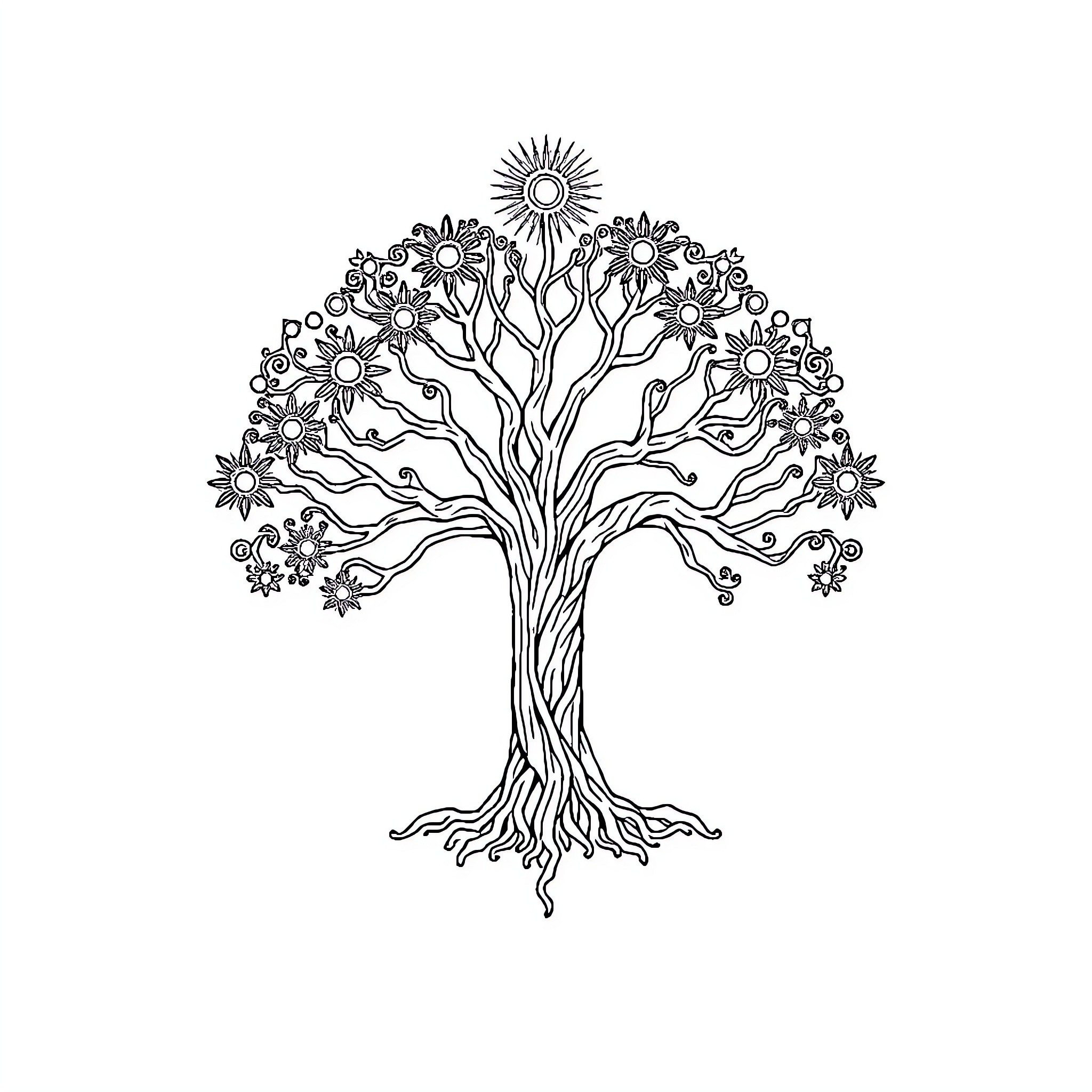 Tree of Flowers Blooming with Sun Coloring Page (free black-and-white line drawing printable PDF for all, from beginners to advanced learners, including children, teens, adults, and seniors)