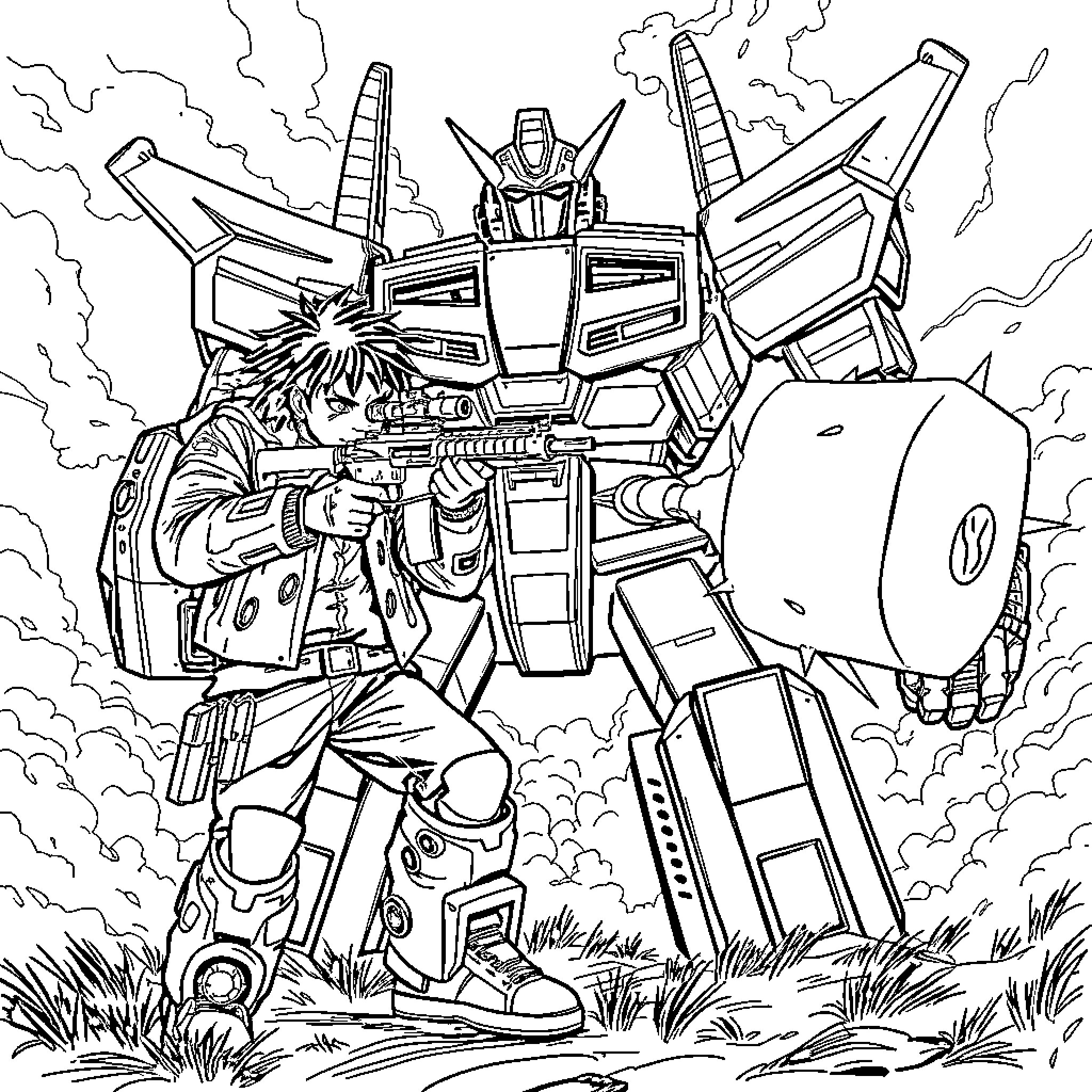 Juice Wrld's Robotic Warrior in Action Coloring Page (free black-and-white line drawing printable PDF for all, from beginners to advanced learners, including children, teens, adults, and seniors)