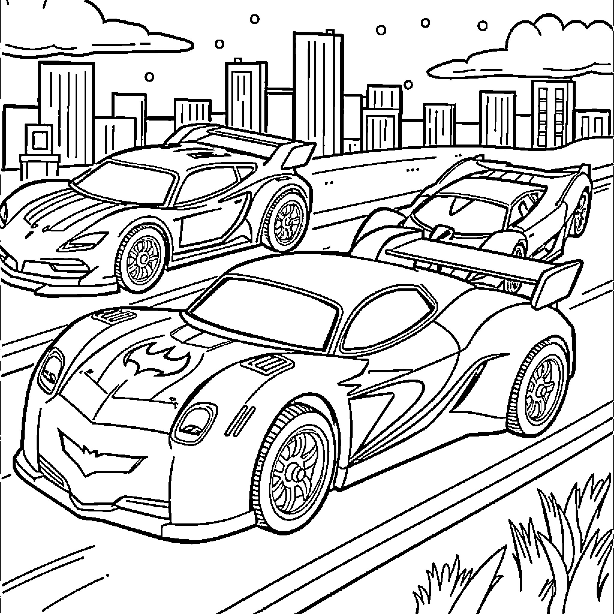 Batman's Sleek Sports Cars on City Streets Coloring Page (free black-and-white line drawing printable PDF for all, from beginners to advanced learners, including children, teens, adults, and seniors)