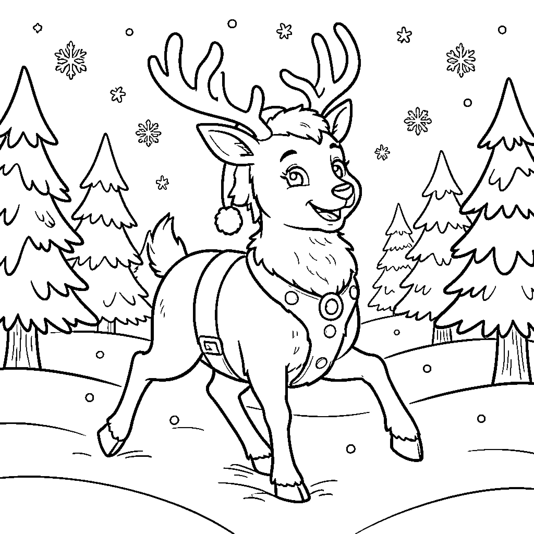Reindeer skipping joyfully through a snowy forest Coloring Page (free black-and-white line drawing printable PDF for all, from beginners to advanced learners, including children, teens, adults, and seniors)