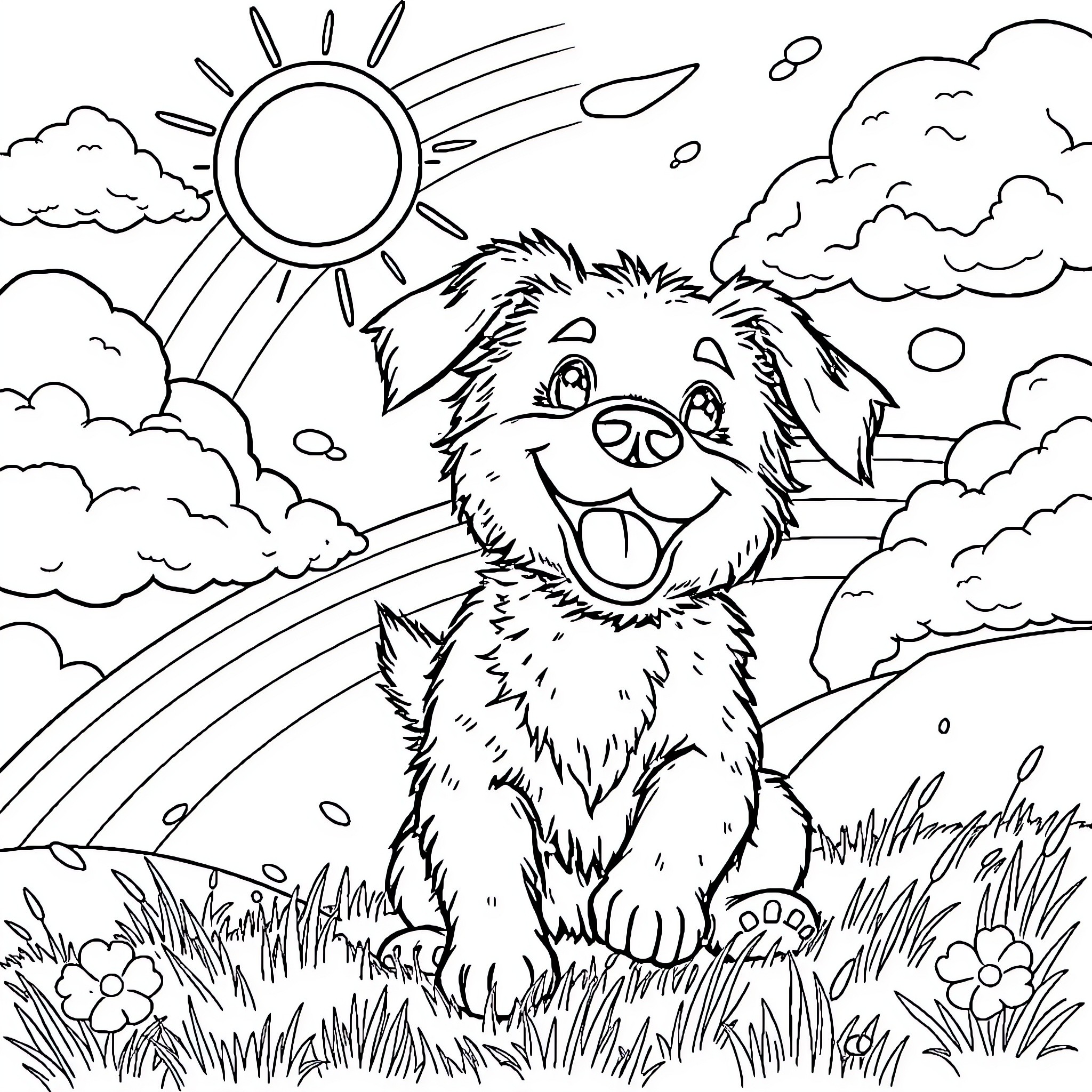 Dog enjoying a sunny day in nature Coloring Page (free black-and-white line drawing printable PDF for all, from beginners to advanced learners, including children, teens, adults, and seniors)
