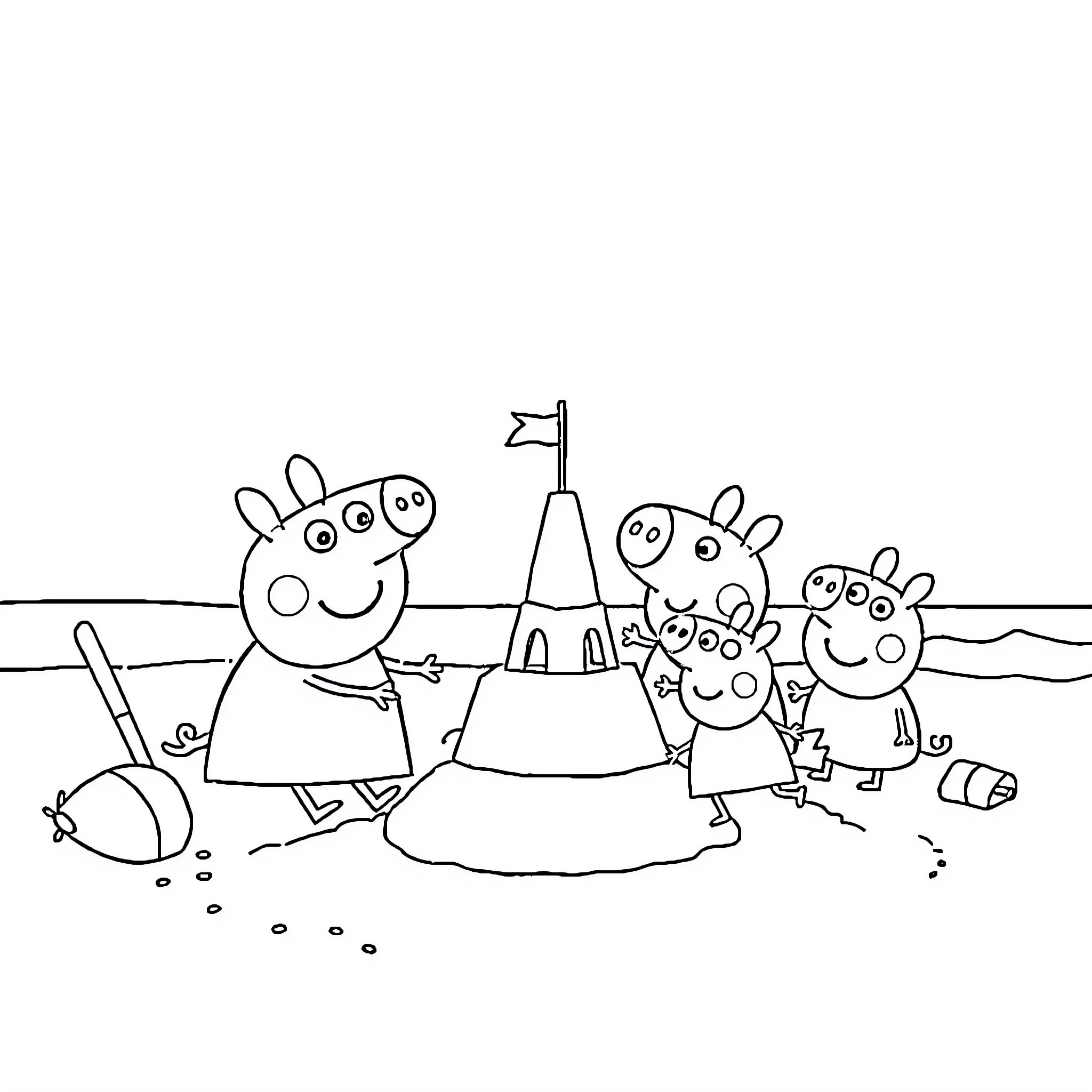 Peppa Pig family building sandcastle at beach Coloring Page (free black-and-white line drawing printable PDF for all, from beginners to advanced learners, including children, teens, adults, and seniors)