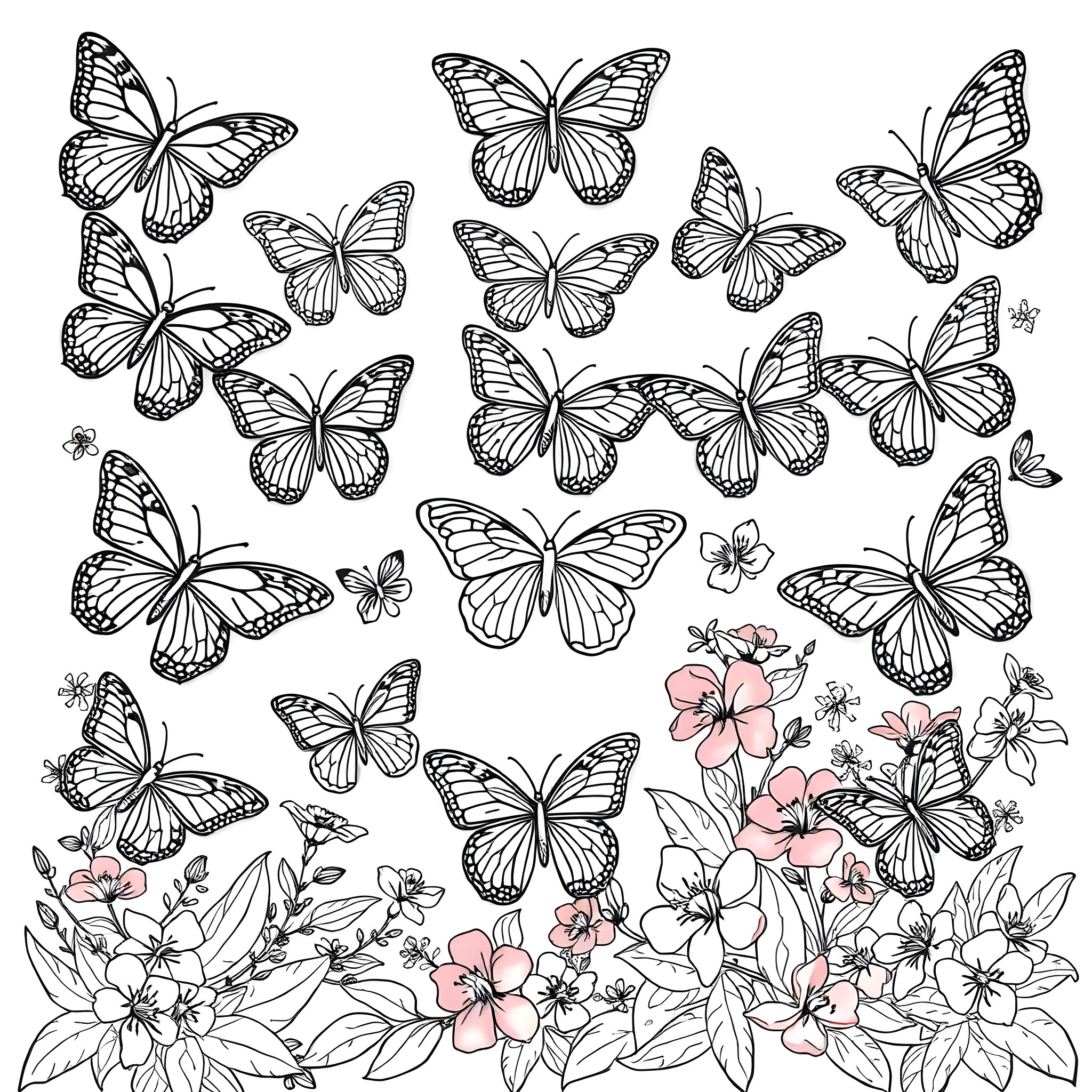 Butterfly meadow with fluttering butterflies Coloring Page (free black-and-white line drawing printable PDF for all, from beginners to advanced learners, including children, teens, adults, and seniors)