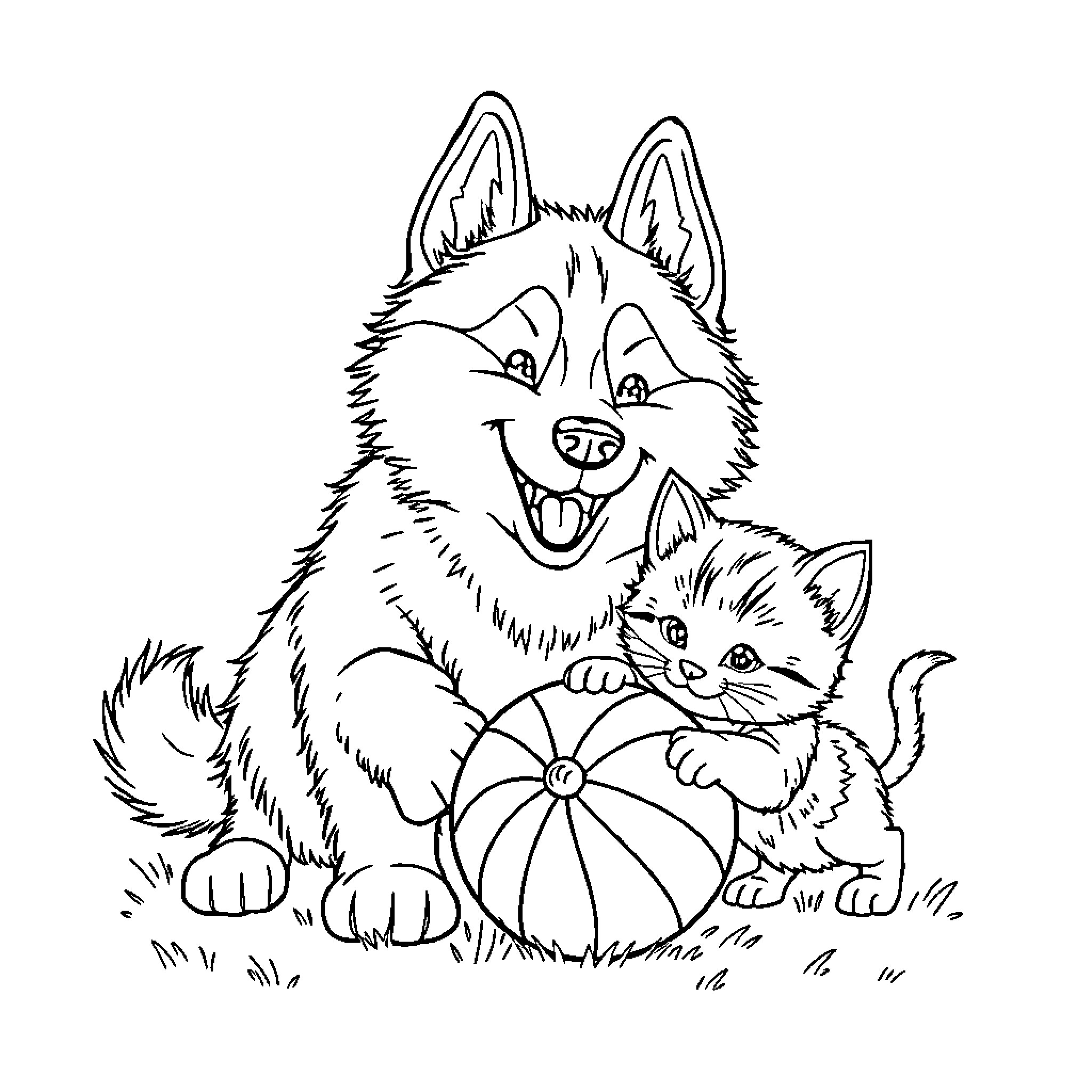 Husky and kitten playing with ball in the yard Coloring Page (free black-and-white line drawing printable PDF for all, from beginners to advanced learners, including children, teens, adults, and seniors)