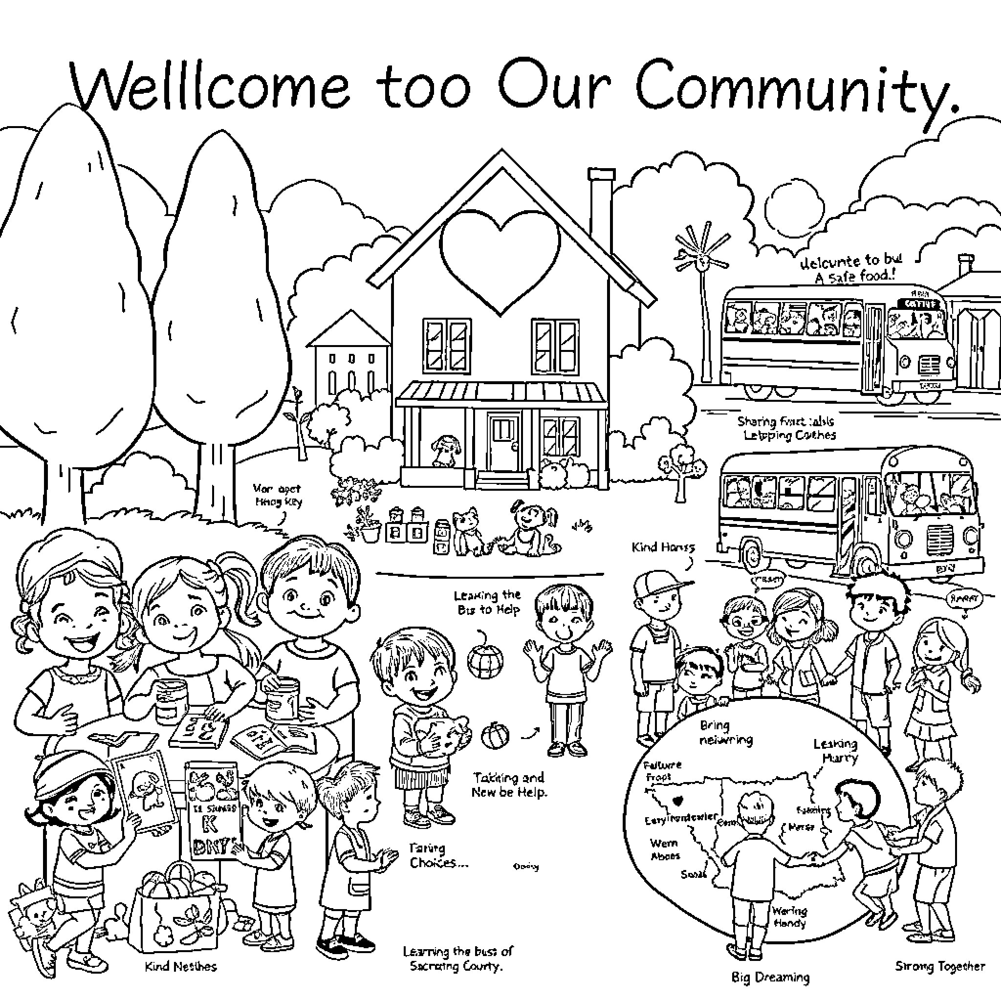 Community members engaging in various activities together Coloring Page (free black-and-white line drawing printable PDF for all, from beginners to advanced learners, including children, teens, adults, and seniors)