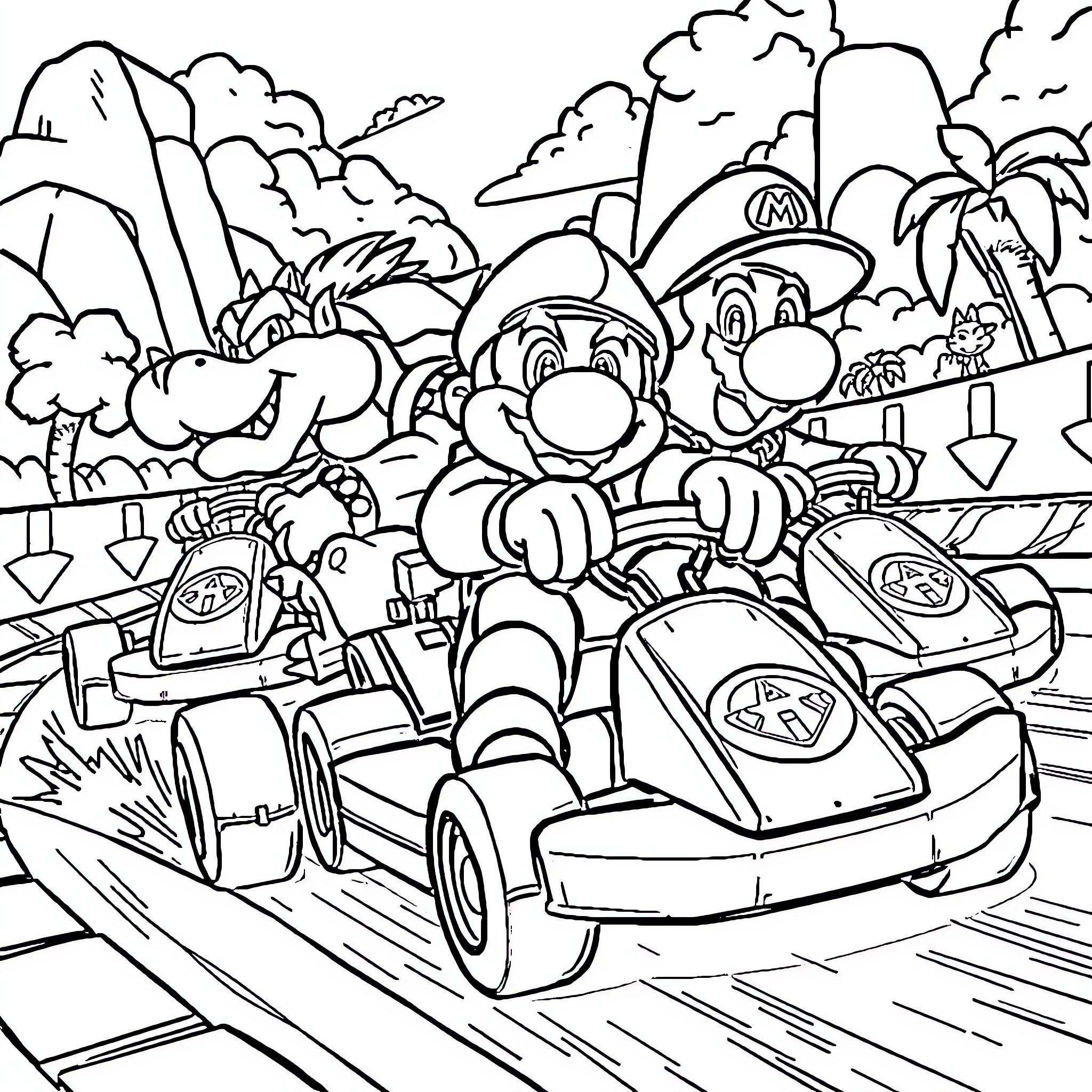 Mario and Luigi racing in go-karts through the jungle Coloring Page (free black-and-white line drawing printable PDF for all, from beginners to advanced learners, including children, teens, adults, and seniors)