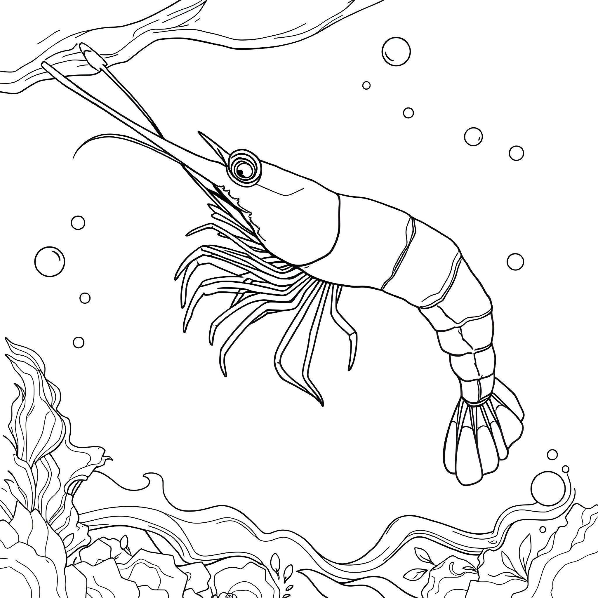 Shrimp swimming amongst underwater plants Coloring Page (free black-and-white line drawing printable PDF for all, from beginners to advanced learners, including children, teens, adults, and seniors)