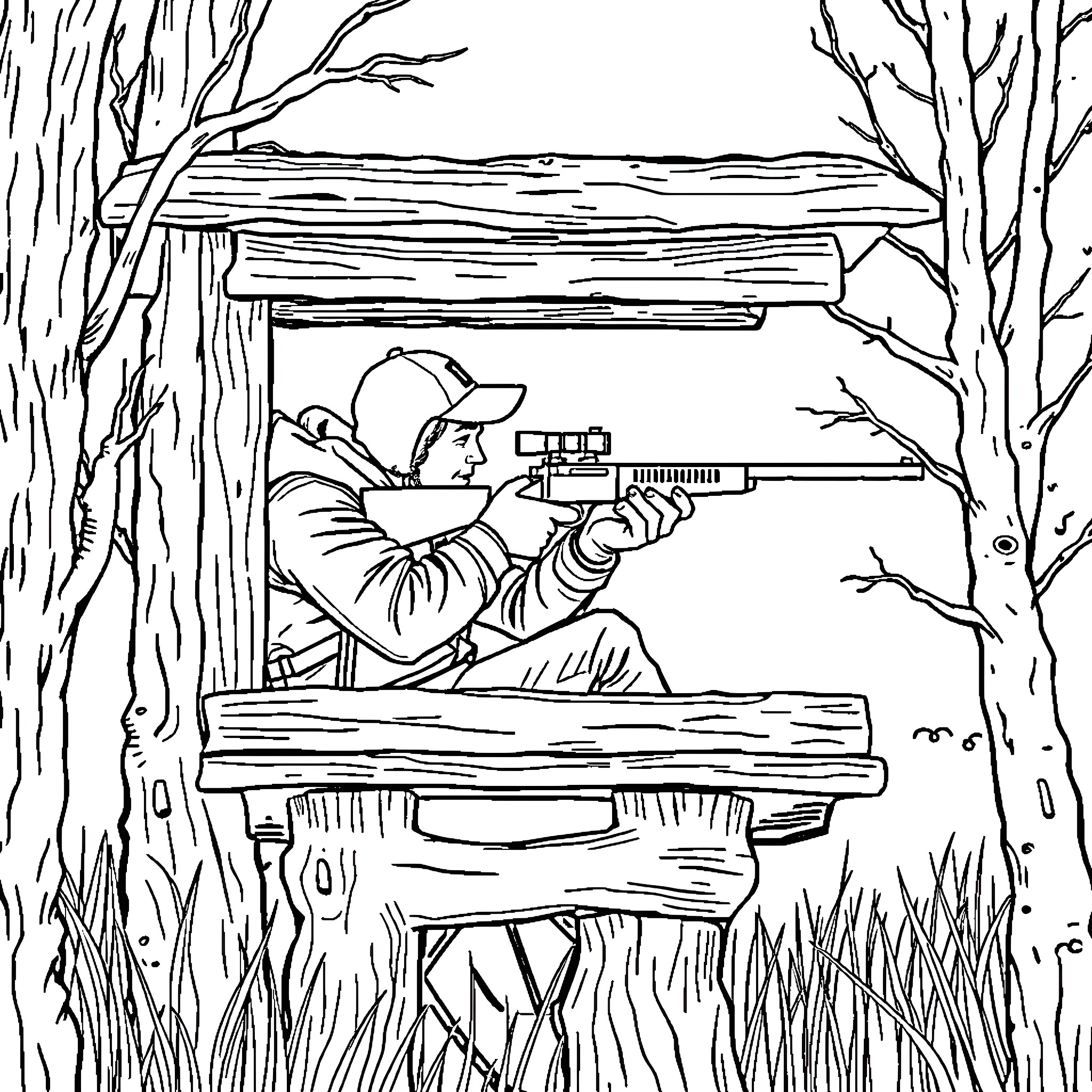 Person aiming rifle from wooden hunting blind in forest Coloring Page (free black-and-white line drawing printable PDF for all, from beginners to advanced learners, including children, teens, adults, and seniors)