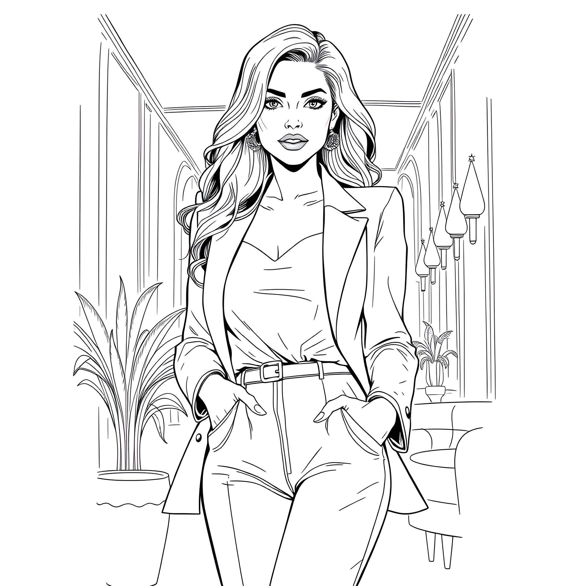 Woman in formal wear posing confidently Coloring Page (free black-and-white line drawing printable PDF for all, from beginners to advanced learners, including children, teens, adults, and seniors)