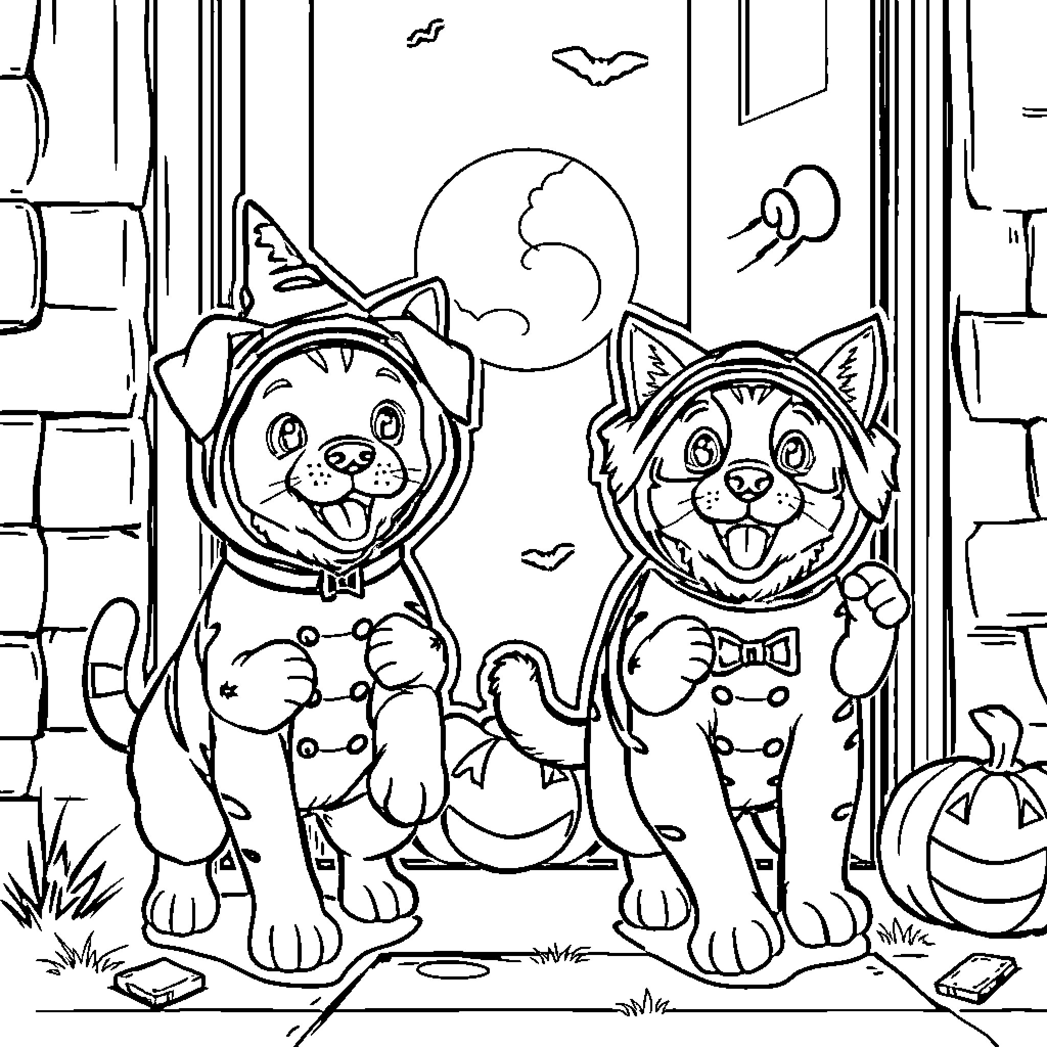 Dogs dressed up for Halloween adventure Coloring Page (free black-and-white line drawing printable PDF for all, from beginners to advanced learners, including children, teens, adults, and seniors)