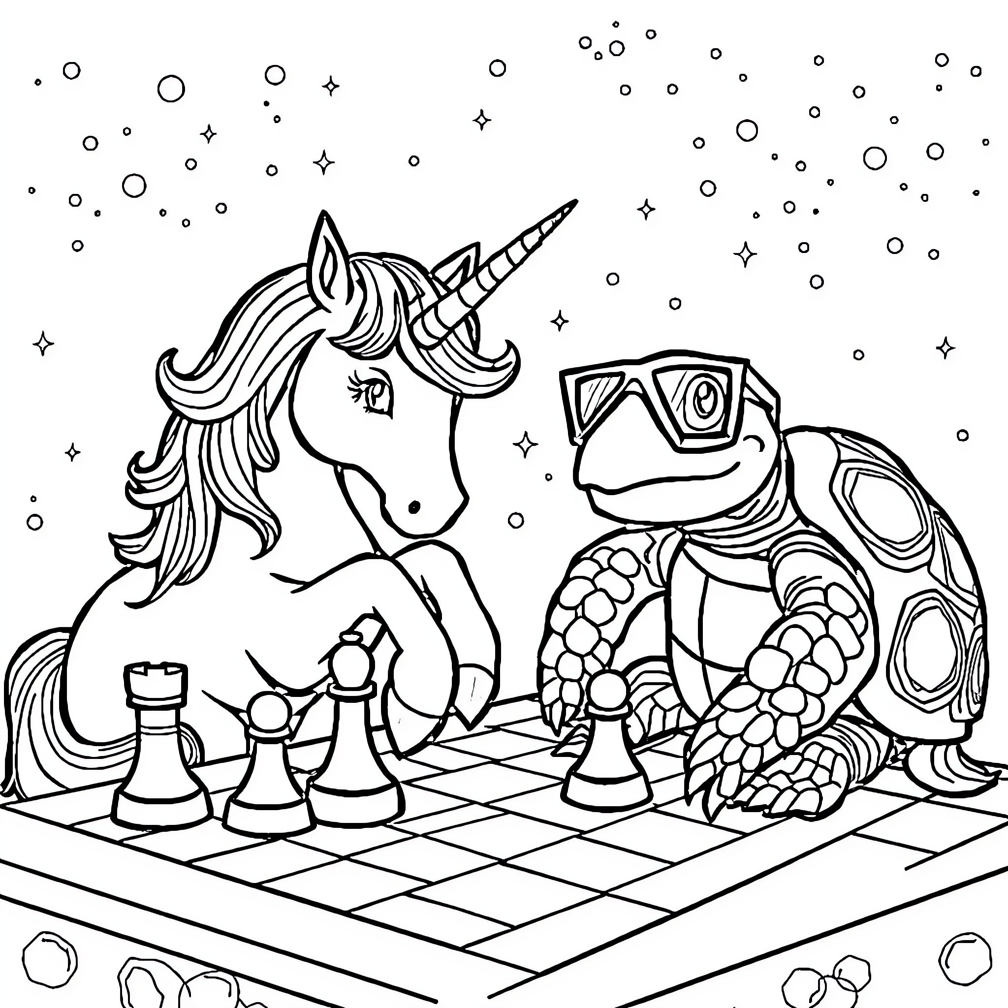 Unicorn and Tortoise Playing Chess in the Starry Night Coloring Page (free black-and-white line drawing printable PDF for all, from beginners to advanced learners, including children, teens, adults, and seniors)
