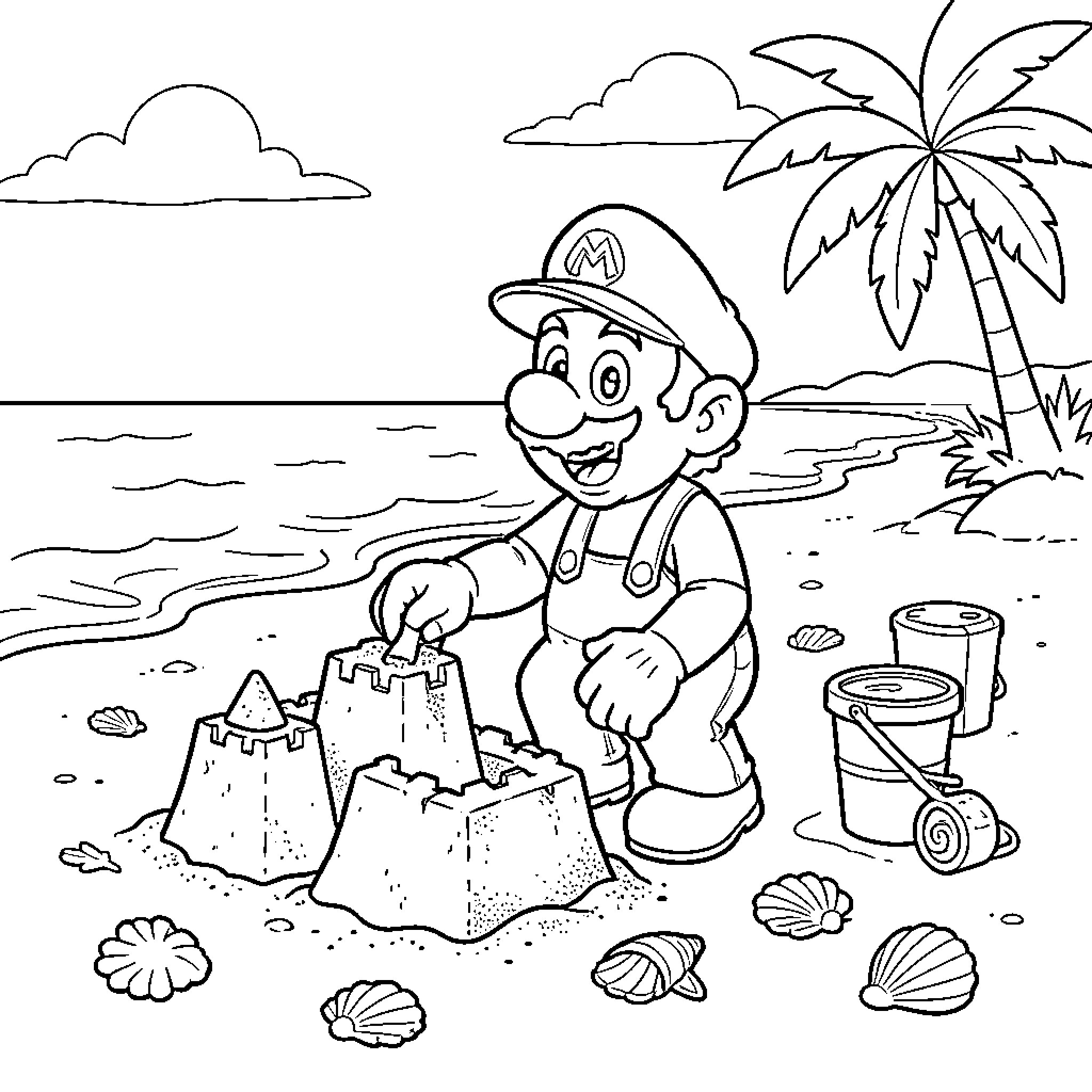 Mario building sandcastles on a tropical beach Coloring Page (free black-and-white line drawing printable PDF for all, from beginners to advanced learners, including children, teens, adults, and seniors)