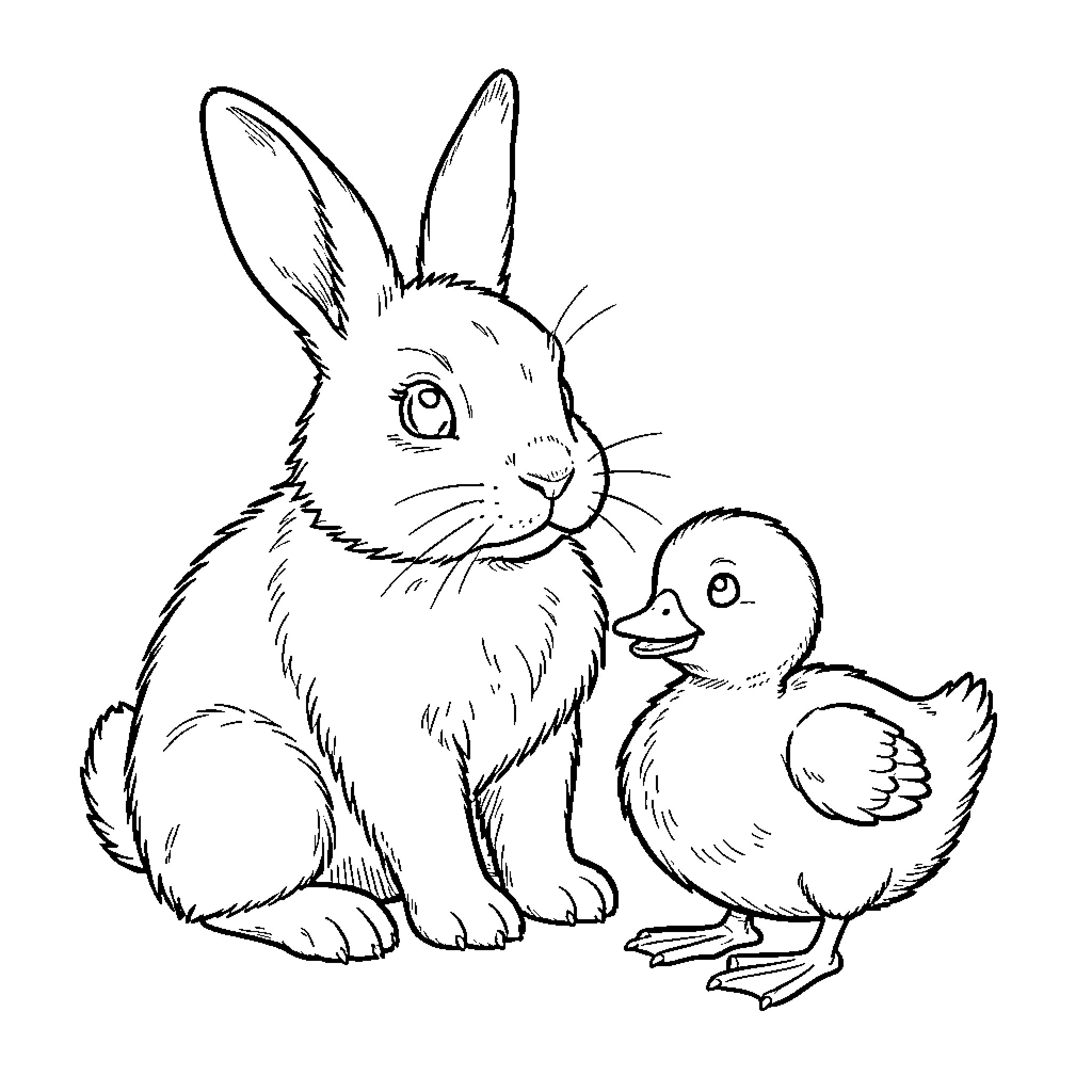 Easter Bunny and Adorable Duckling Coloring Page (free black-and-white line drawing printable PDF for all, from beginners to advanced learners, including children, teens, adults, and seniors)