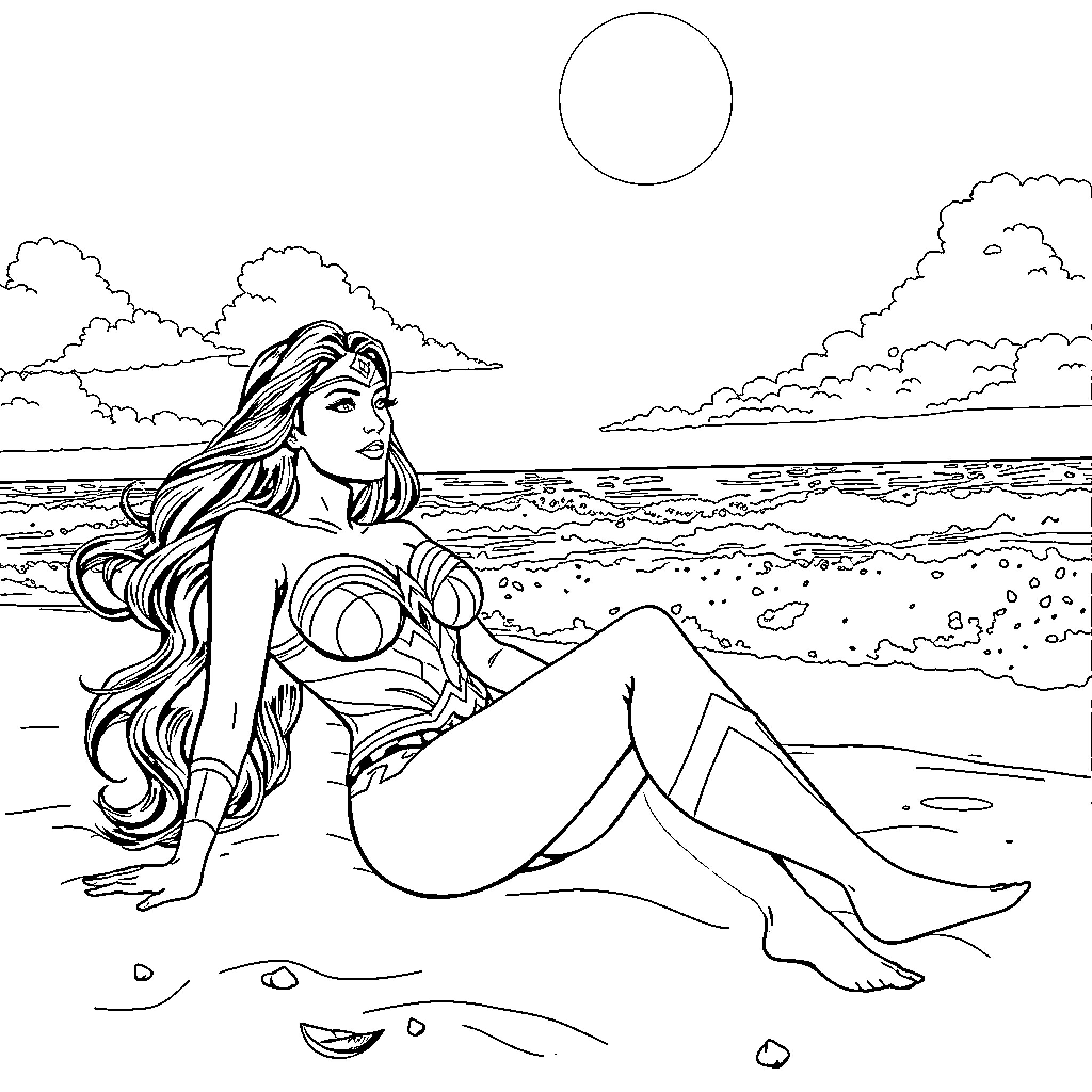 Wonder Woman relaxing on the beach Coloring Page (free black-and-white line drawing printable PDF for all, from beginners to advanced learners, including children, teens, adults, and seniors)
