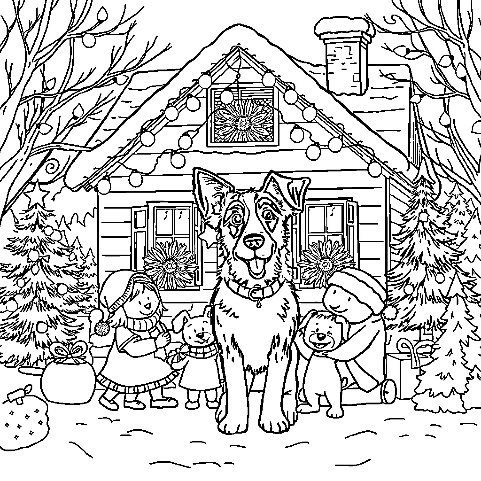 Bluey's Cozy Winter Cabin Adventure Coloring Page (free black-and-white line drawing printable PDF for all, from beginners to advanced learners, including children, teens, adults, and seniors)
