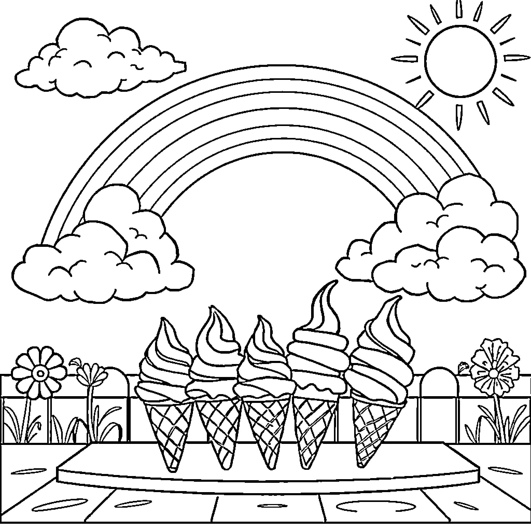 Rainbow Ice Cream Treats in the Park Coloring Page (free black-and-white line drawing printable PDF for all, from beginners to advanced learners, including children, teens, adults, and seniors)