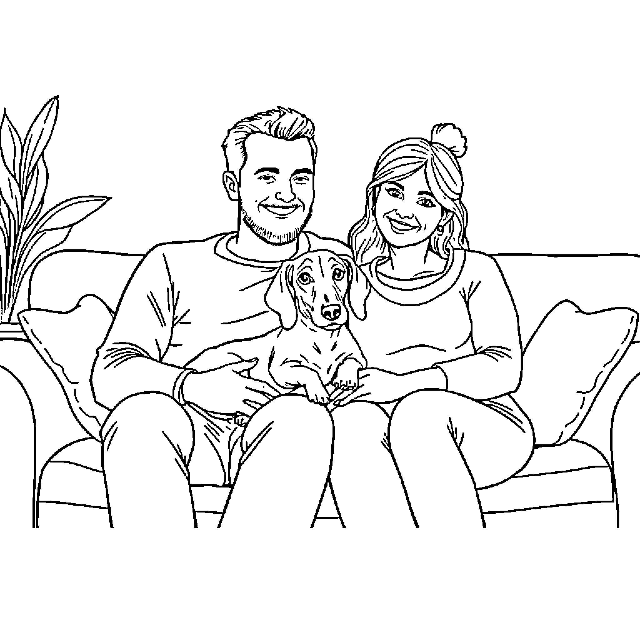 Couple relaxing on the couch with their dog Coloring Page (free black-and-white line drawing printable PDF for all, from beginners to advanced learners, including children, teens, adults, and seniors)